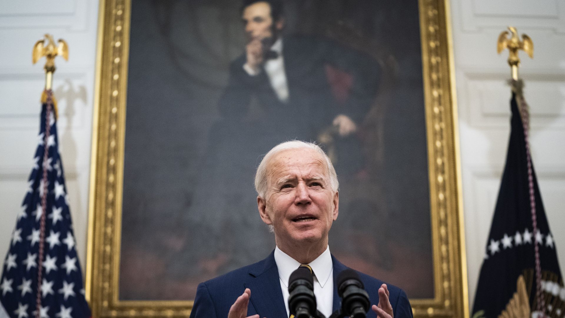 WASHINGTON, DC - JANUARY 22: President Joe R. Biden speaks about the economy before signing executive orders in the State Dining Room at the White House on Friday, Jan 22, 2021 in Washington, DC.