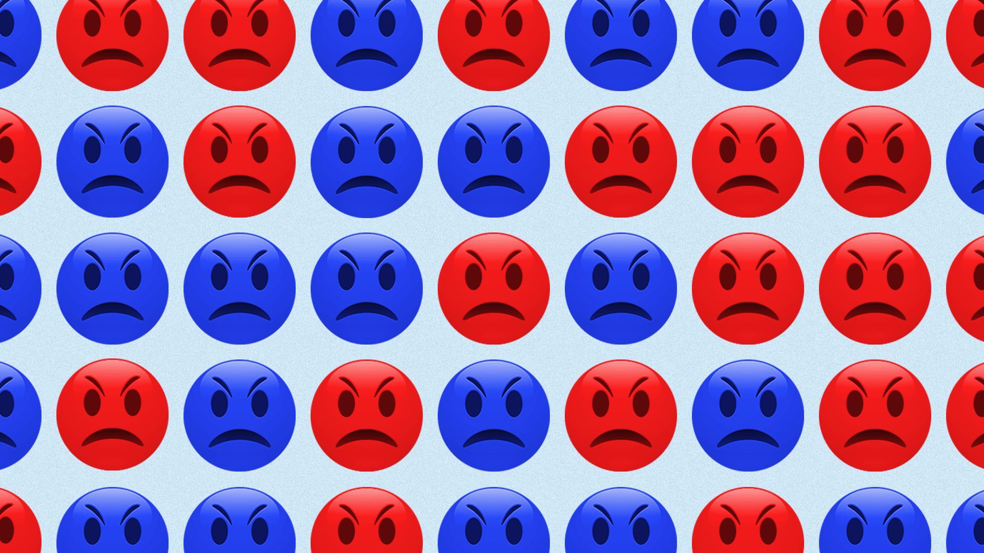 Illustration of a pattern of red and blue angry emoji.