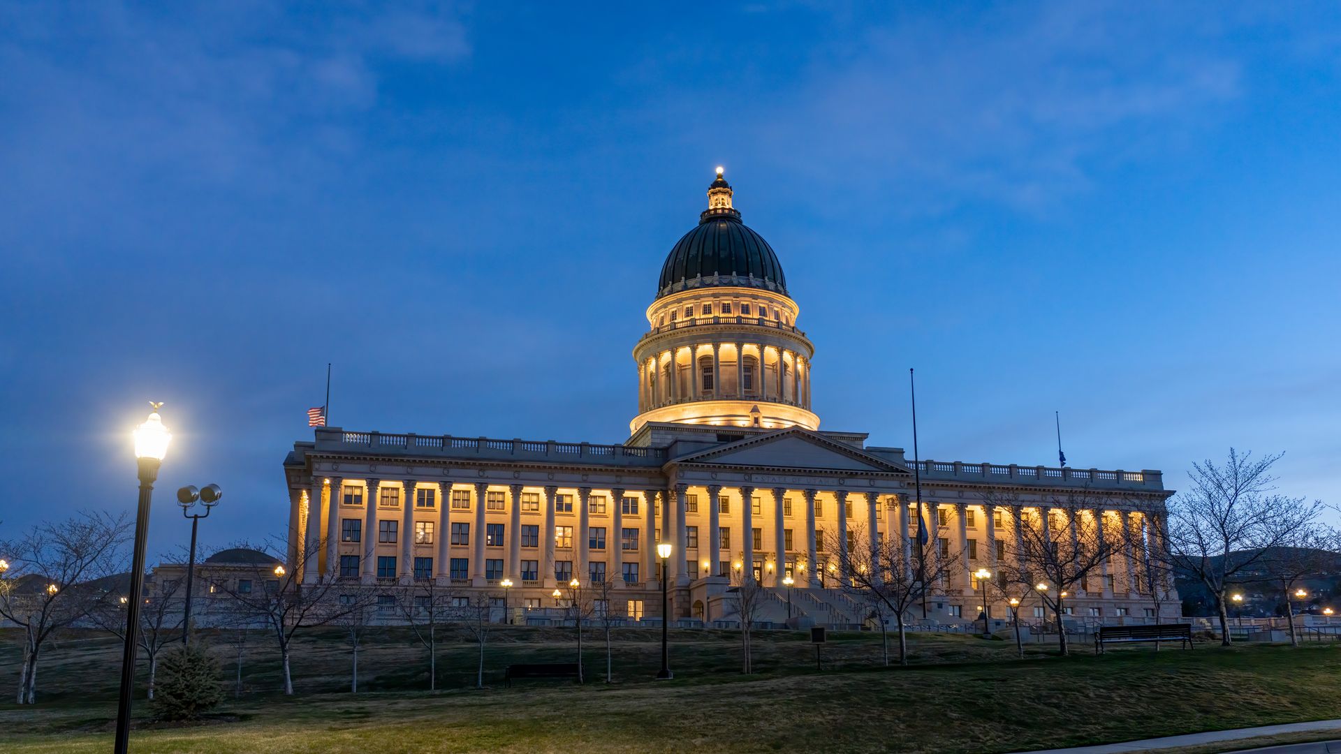 The Utah State Capitol lit up in the early morning hours.