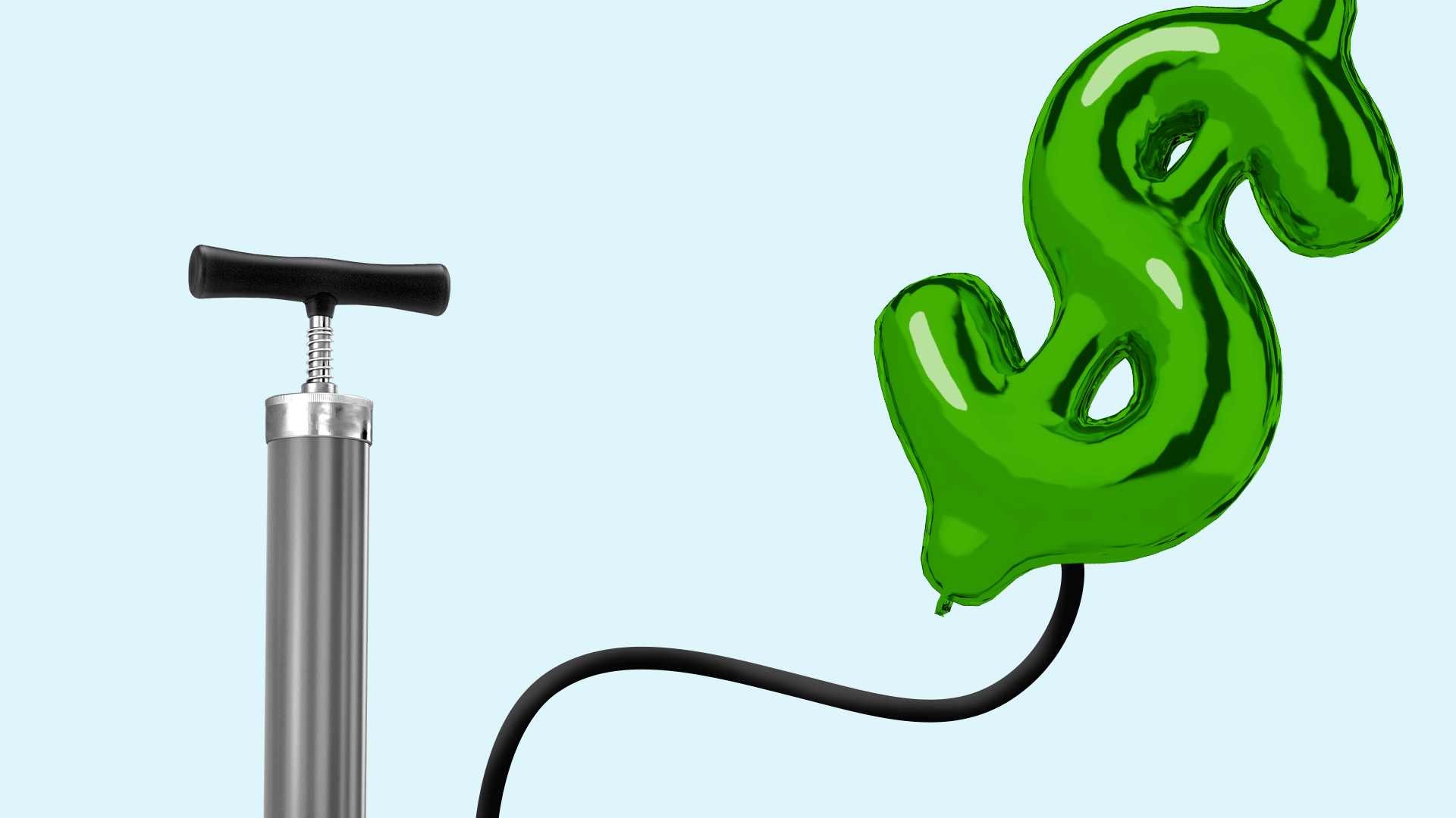 Animated GIF of an air pump pumping up a dollar bill balloon