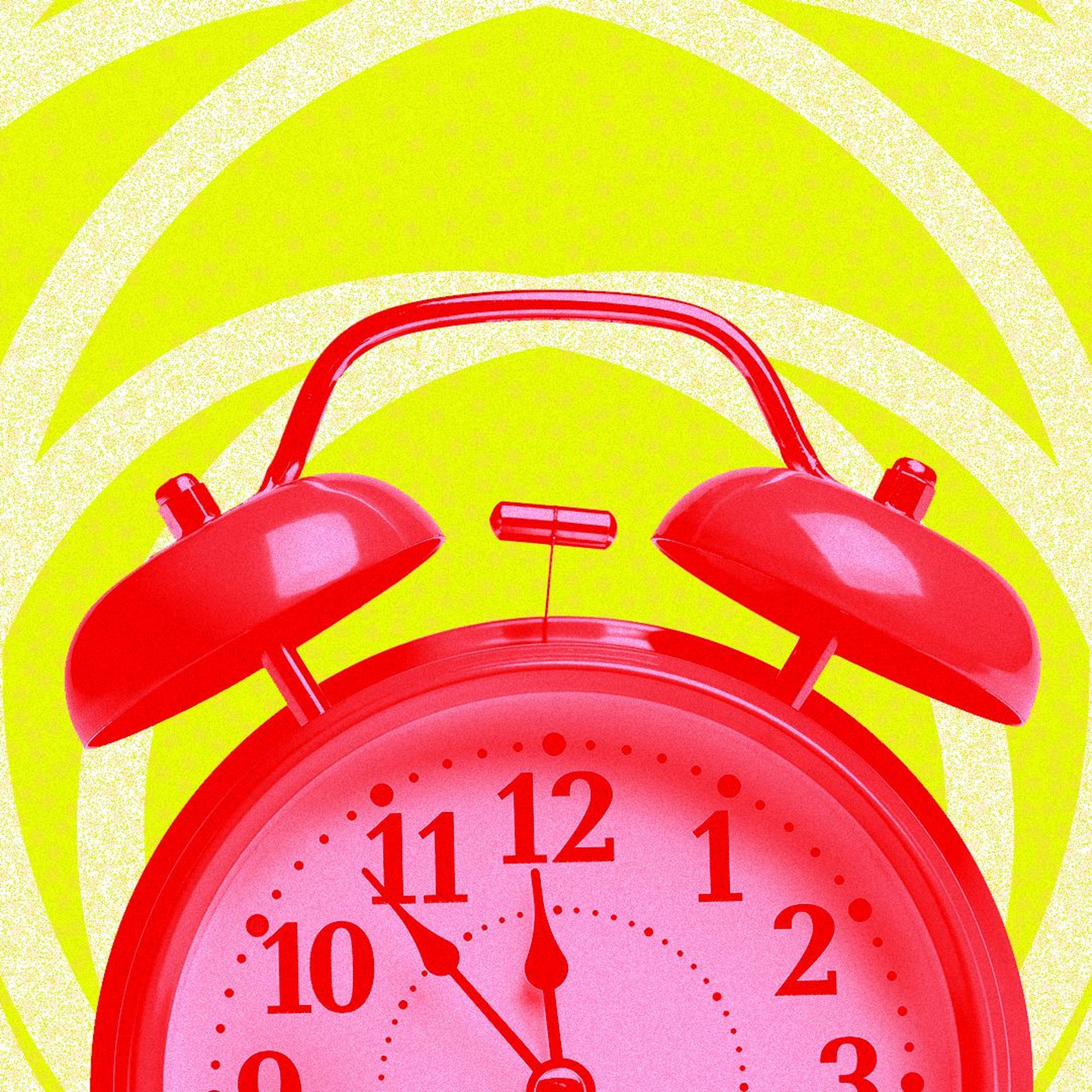 Illustration of a red alarm clock with graphic shapes in the background