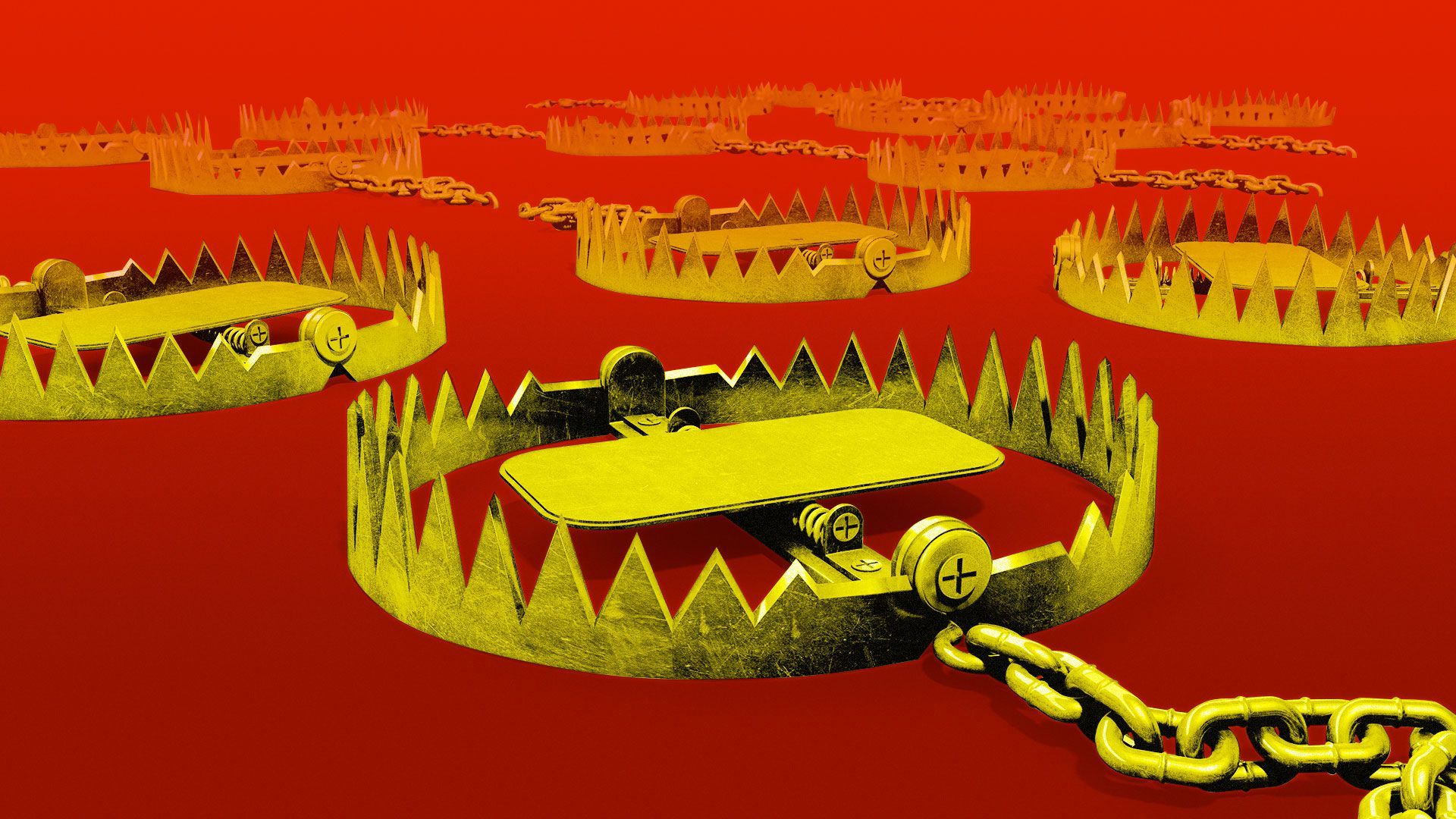 Illustration of multiple yellow bear traps on a red field.