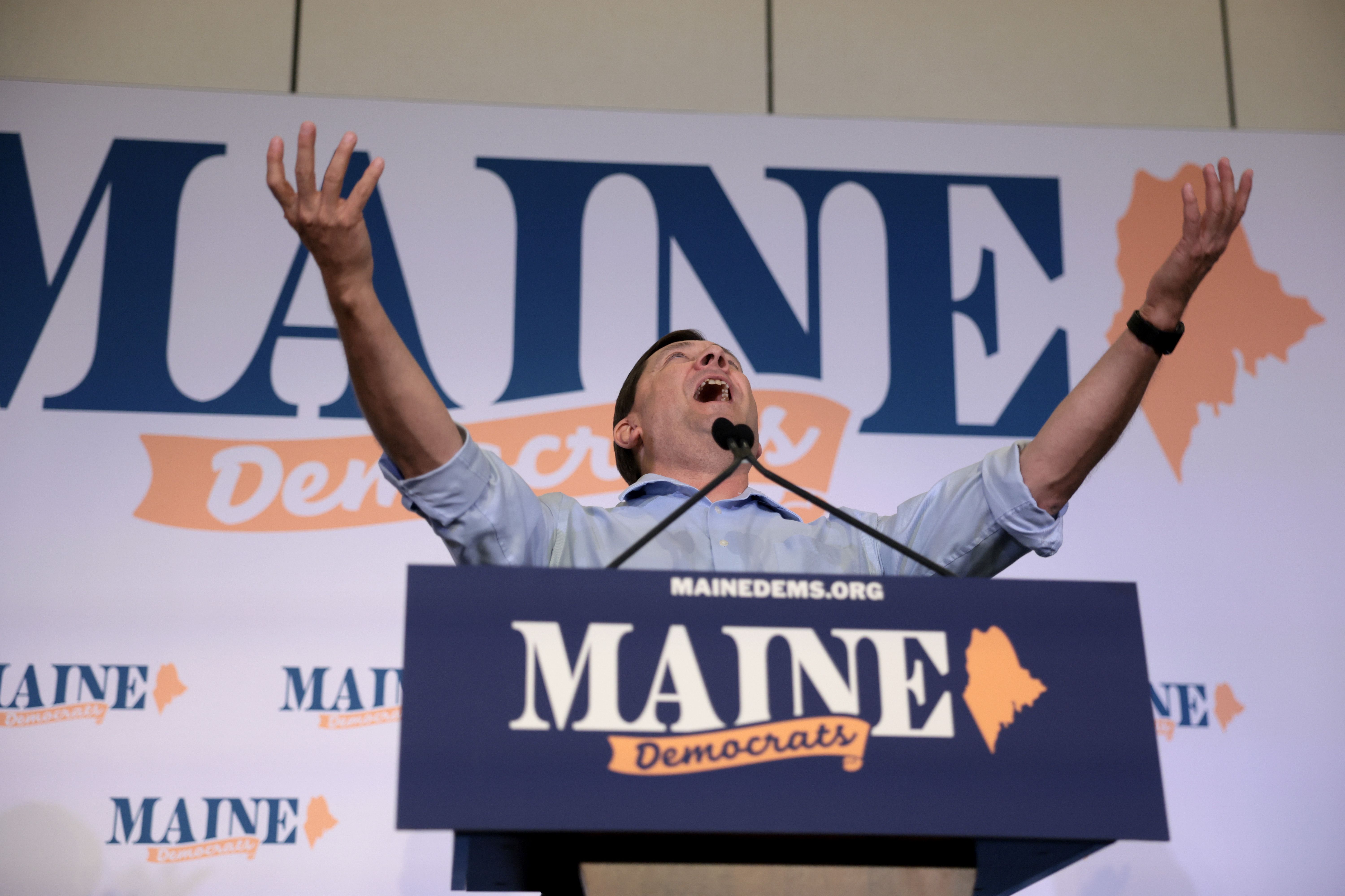 Troy Jackson speaks as he became the Maine Democratic Party's choice to be their U.S. Senate nominee to replace Graham Platner on the ballot in November on July 25, 2026, in Bangor, Maine. Troy Jackson will face off against Sen. Susan Collins (R-ME) in the general election. (Photo by Joe Raedle/Gett