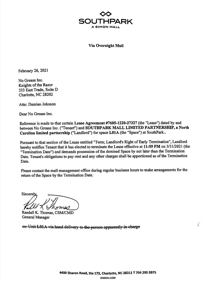 no grease letter from SouthPark mall