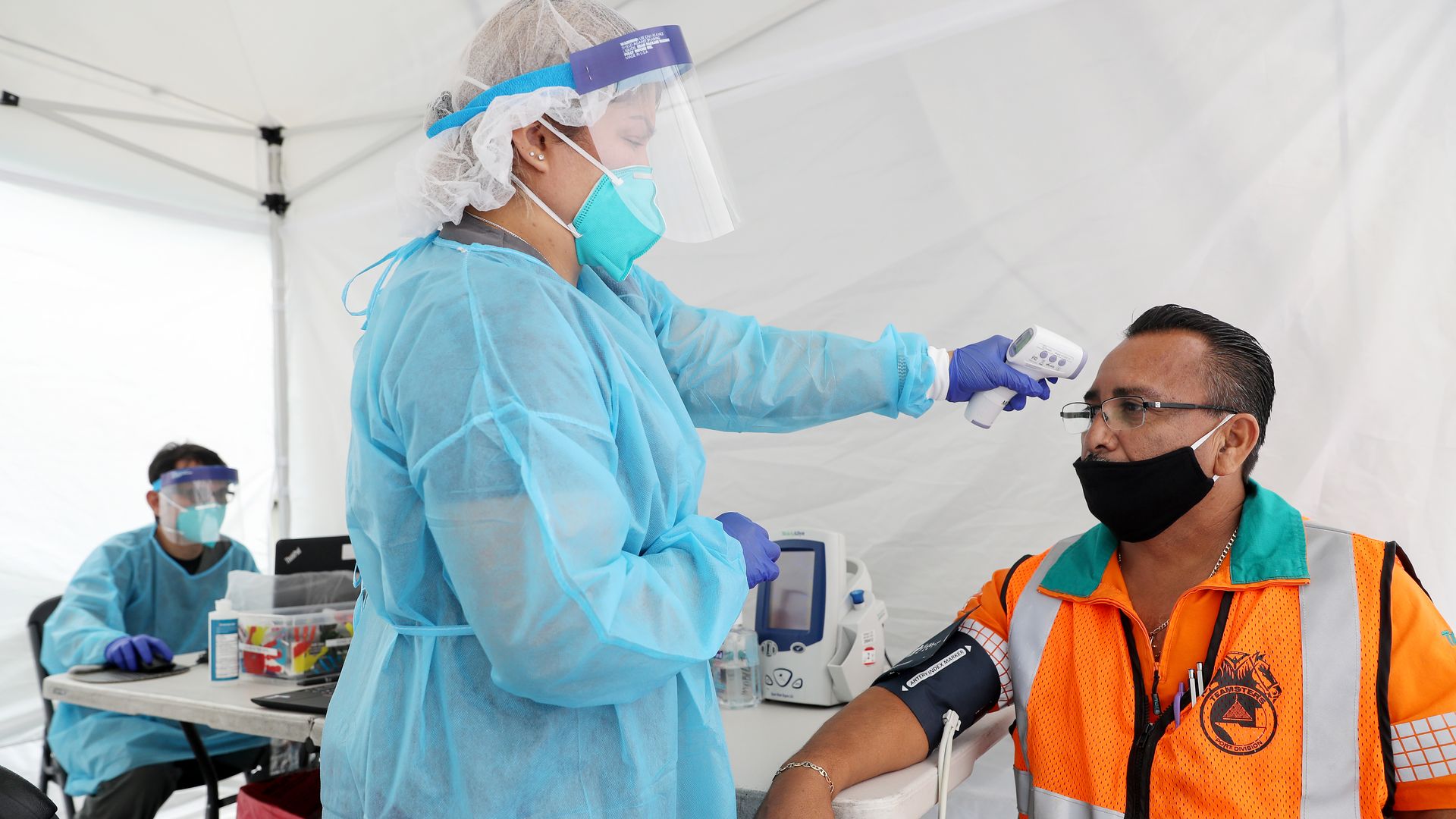 A person receives a coronavirus test on July 16 in Long Beach, California.