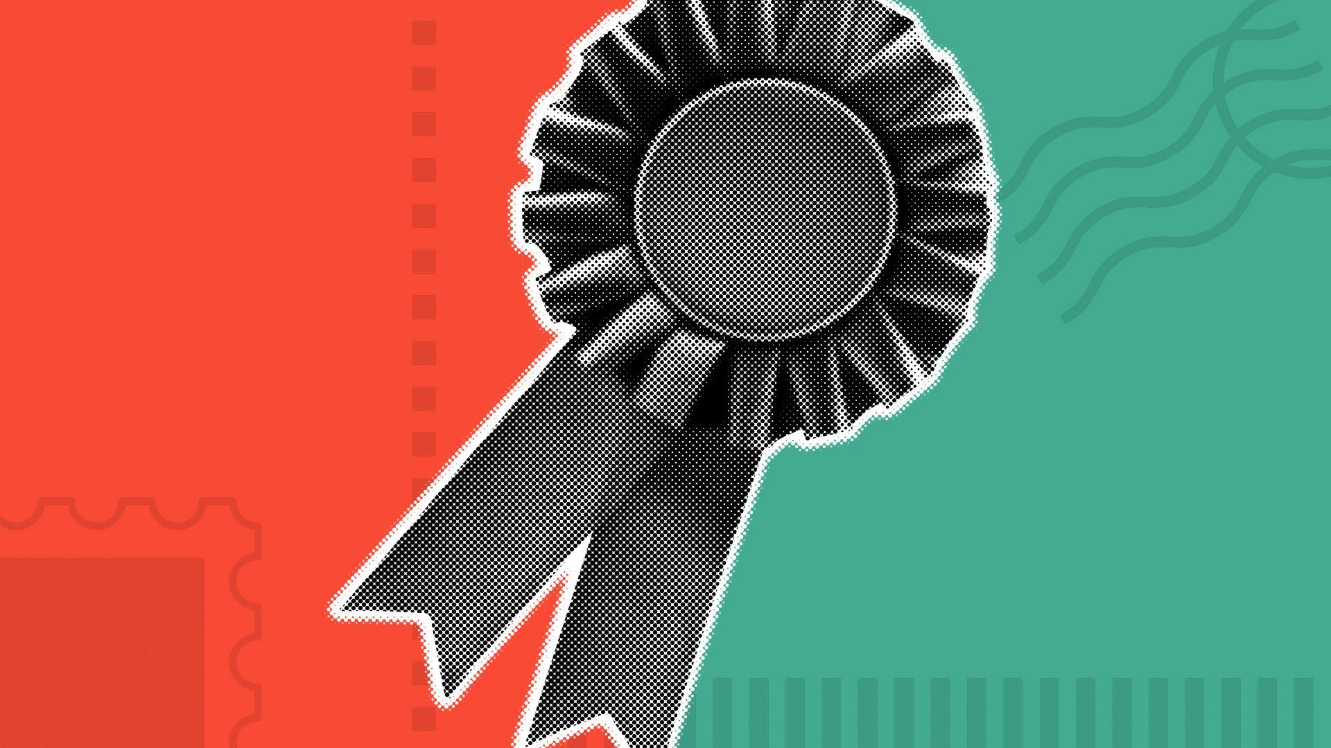 Illustration of a prize ribbon with abstract ballot elements in the background.