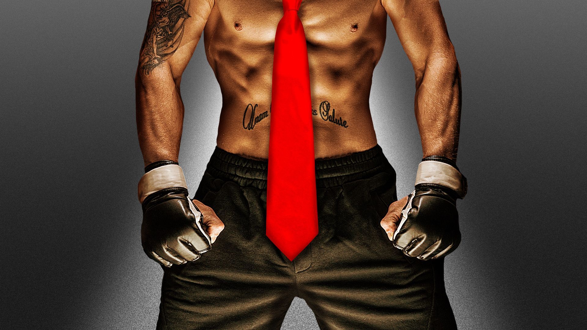 Illustration of a UFC fighter posing with a giant red tie