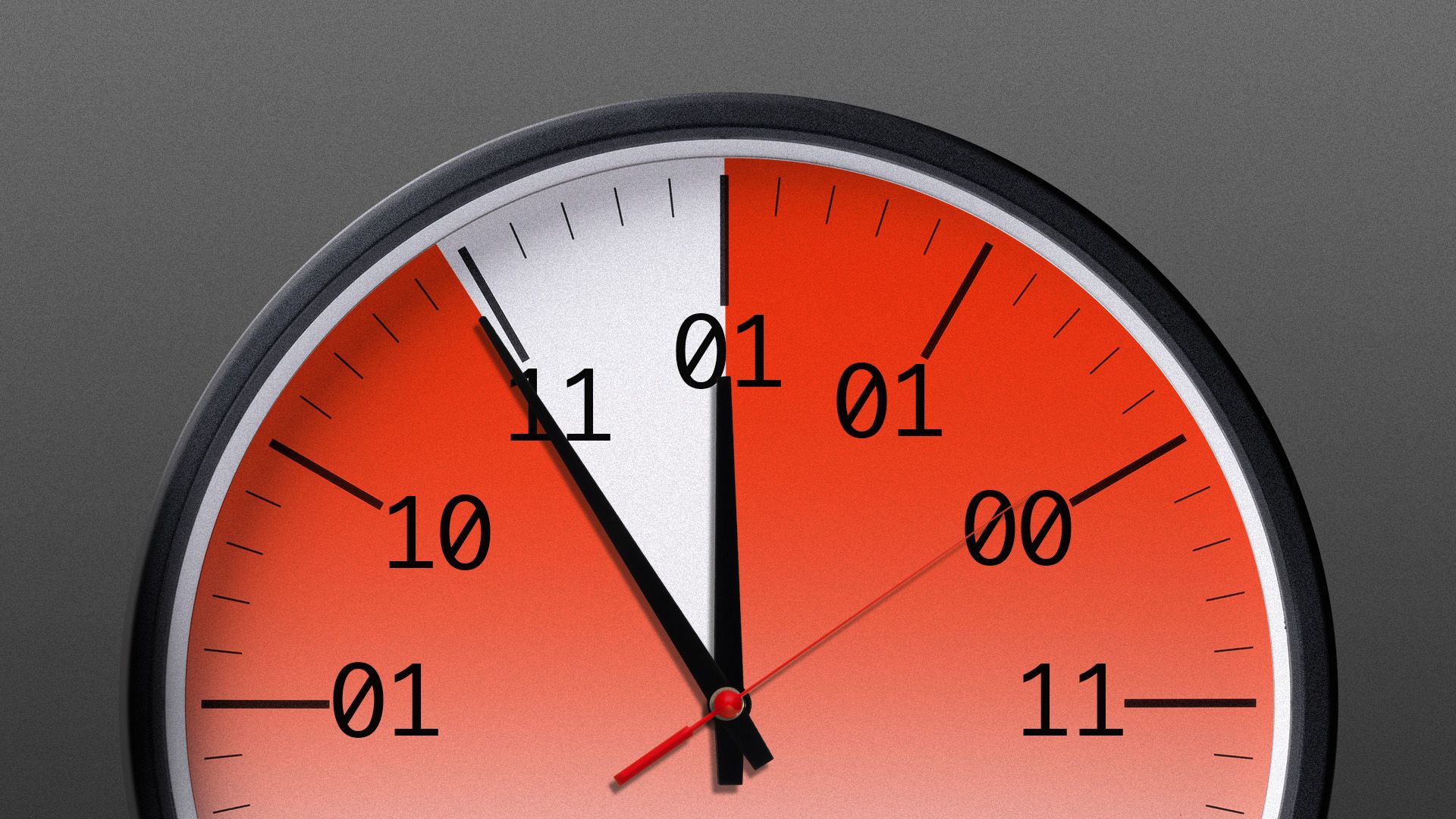 Illustration of a clock with binary code with the hands nearly at midnight