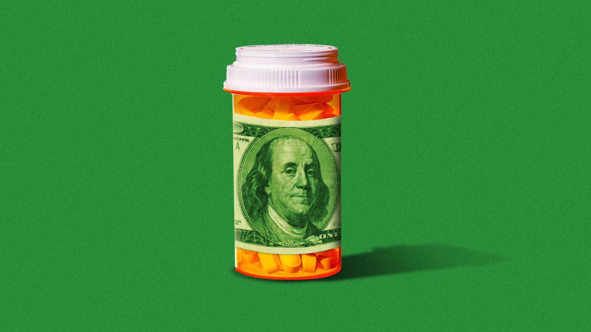 Illustration of a pill bottle with a hundred dollar bill for a label