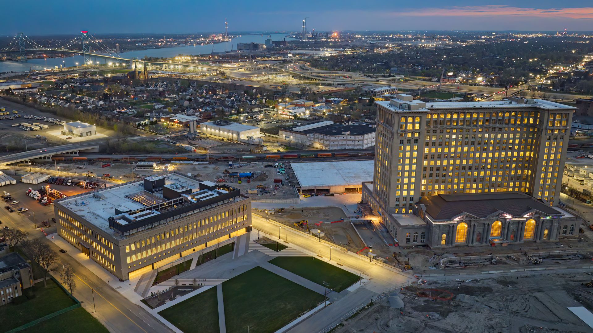 The Book Depository building, left, beside Michigan Central Station