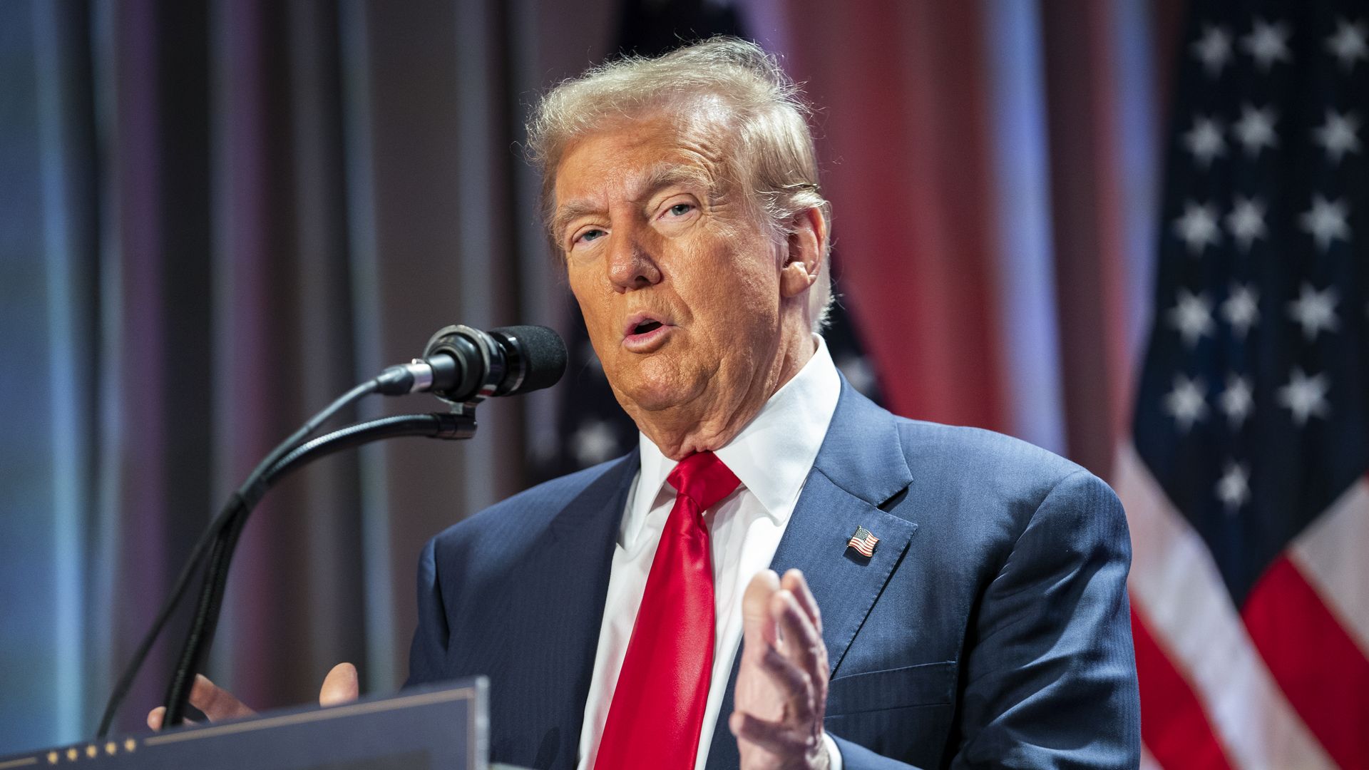 Trump speaks at a House Republicans Conference meeting at the Hyatt Regency on Capitol Hill on November 13, 2024 in Washington, DC. As is tradition with incoming presidents, Trump is traveling to Washington, DC to meet with U.S. President Joe Biden at the White House as well as Republican members of