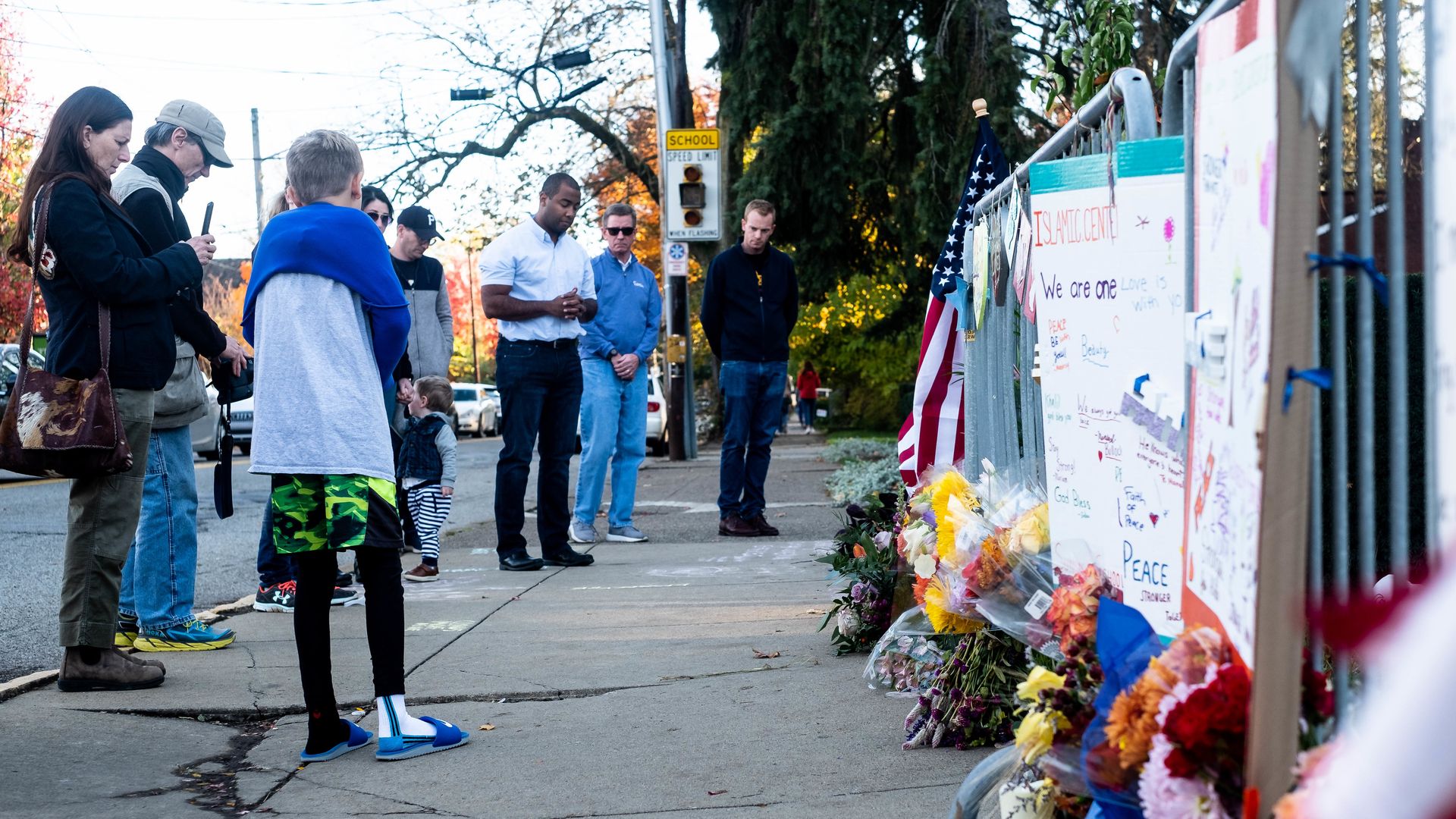 Flowers seen at the memorial. One year after the shooting at the Tree of Life synagogue in Squirrel Hill, Pittsburgh, PA, many come back to the synagogue to pay their respects.