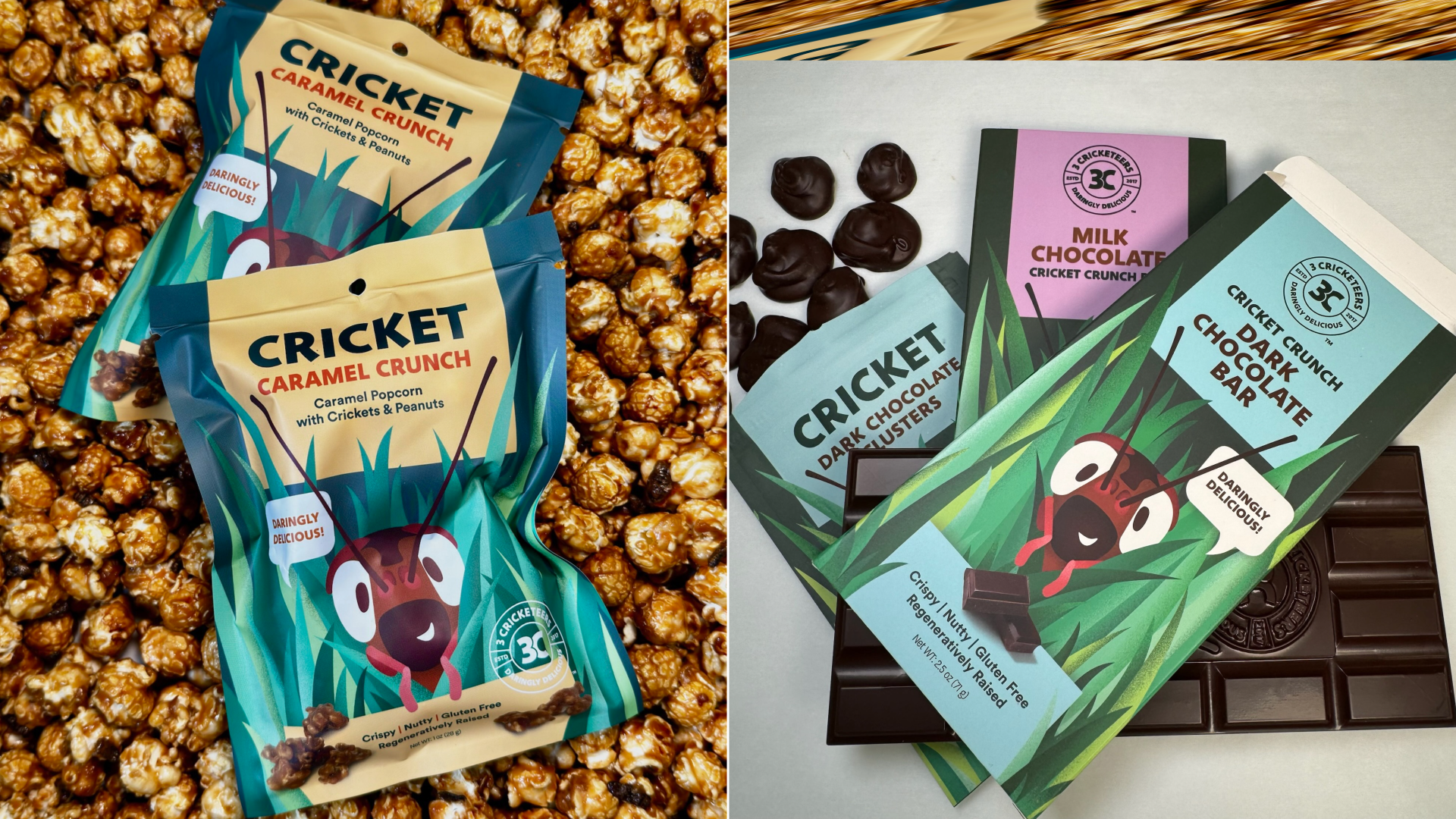 Two images of cricket-based candy products: Cricket caramel crunch on the left, set over a background of caramel popcorn; and on the right, three chocolate bars with a giant cricket-head logo. 