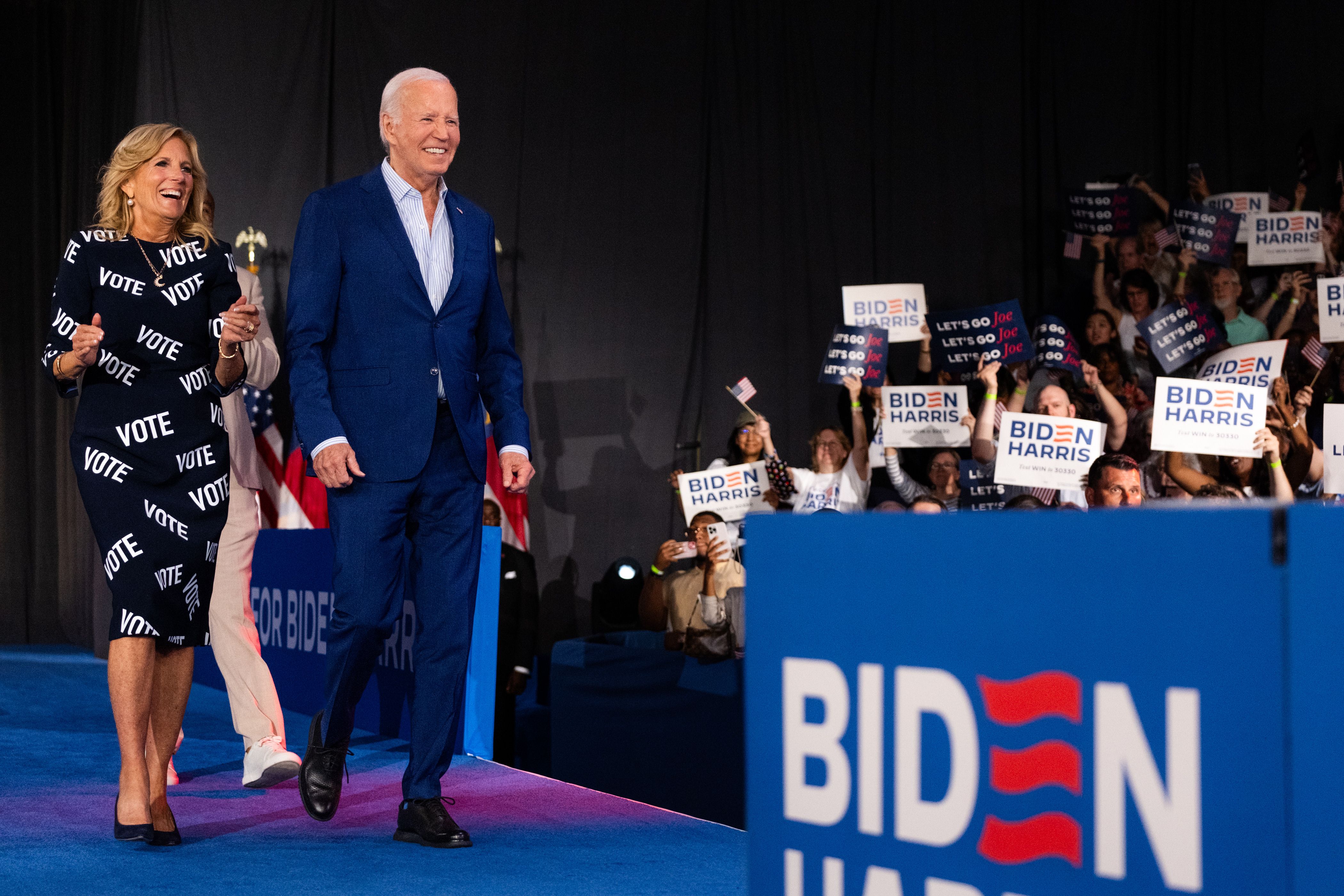President Biden and First Lady Jill Biden arrive for a campaign event today at the North Carolina State Fairgrounds in Raleigh. Photo: Cornell Watson/Bloomberg via Getty Images