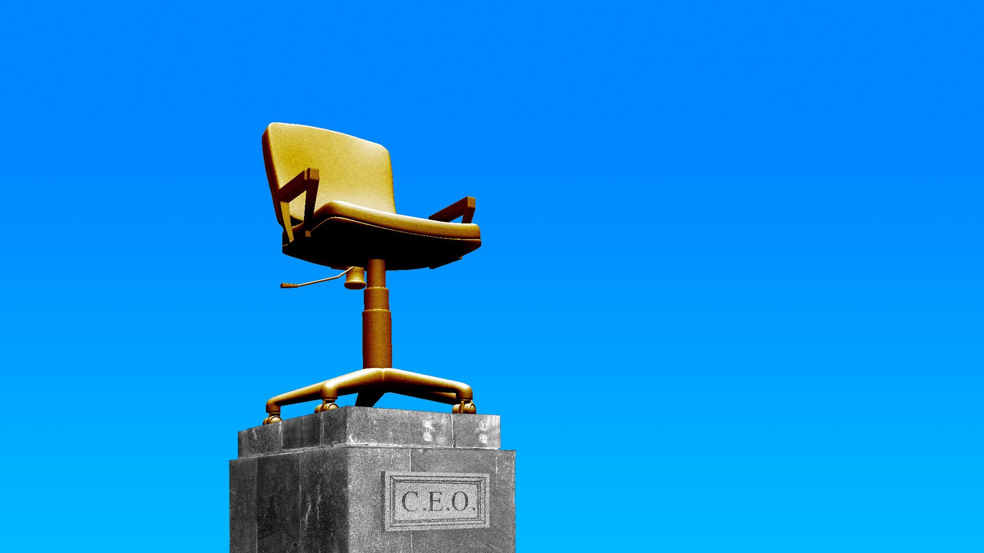 A bronze sculpture of an office chair on a large stone base