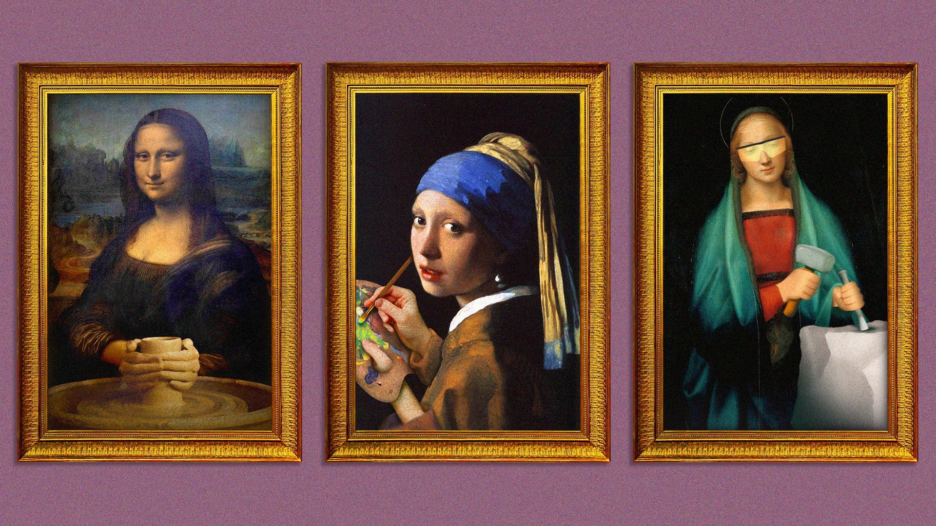 Illustration of the Mona Lisa, the Girl with a Pearl Earring, and the Madonna Granduca paintings hanging in gold frames on the wall, but Mona Lisa is making pottery, the Girl with the Pearl Earring is painting, and Madonna Granduca is chiseling stone.