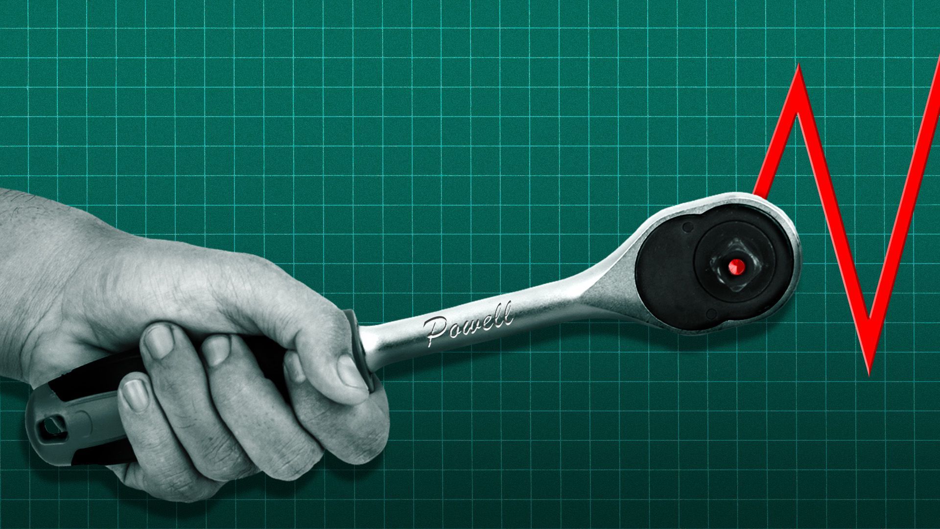 Illustration of a hand using a ratchet on a line chart. 