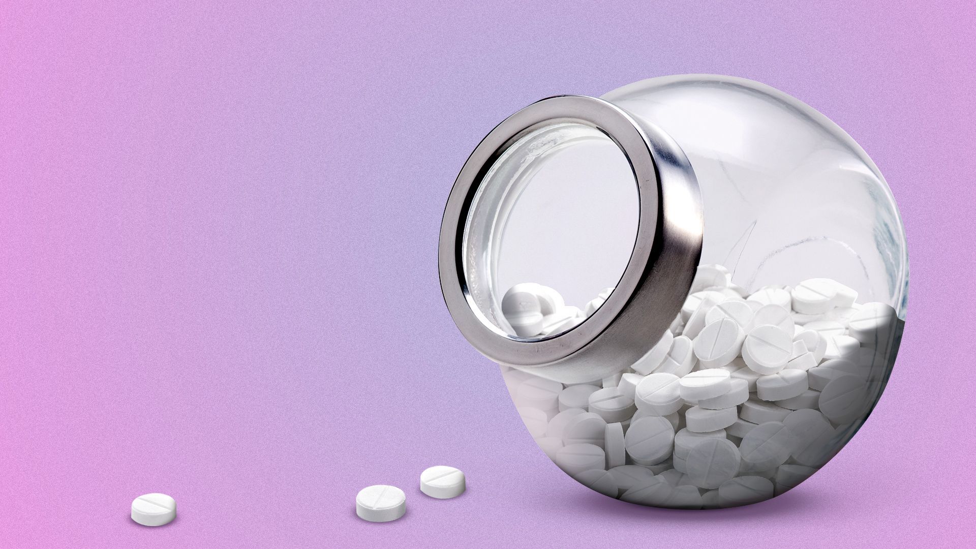 Illustration of a reach-in candy jar pull of pills, with a few pills outside the jar. 