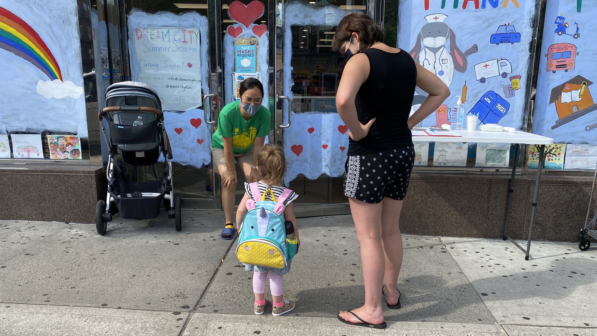 Daycare drop off, phase 4 reopening during Coronavirus Pandemic, Queens, New York. (Photo by: Lindsey Nicholson/Education Images/Universal Images Group via Getty Images)