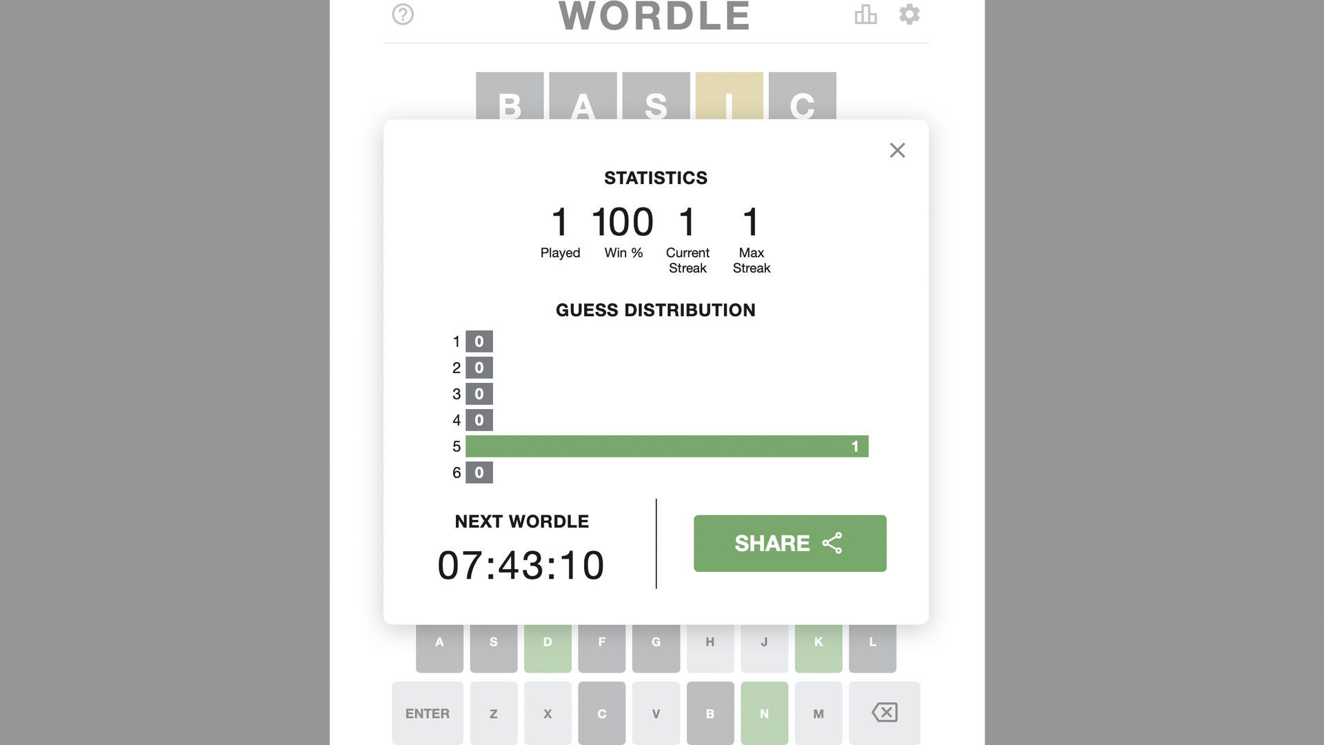 Screenshot of a word-guessing game showing that the player guessed the word correctly on their fifth try.