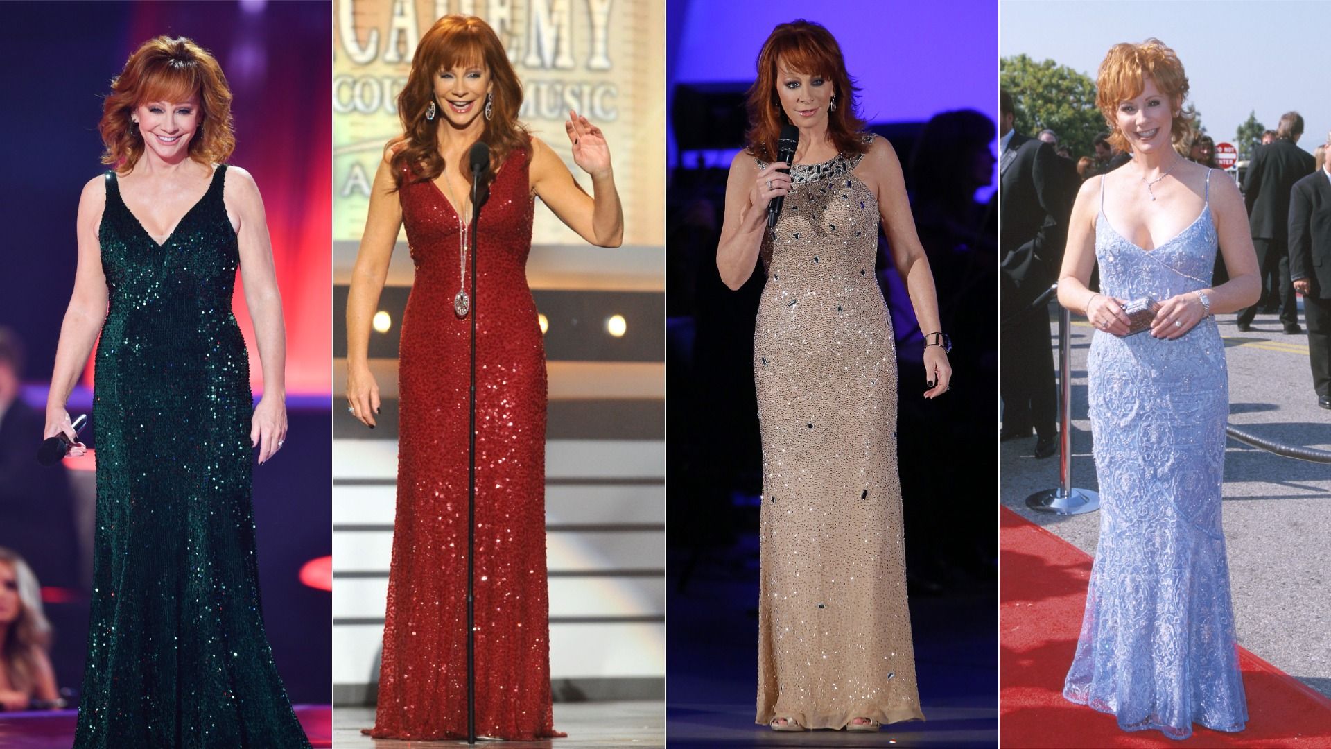 A collage featuring Reba McEntire in four gowns side-by-side.