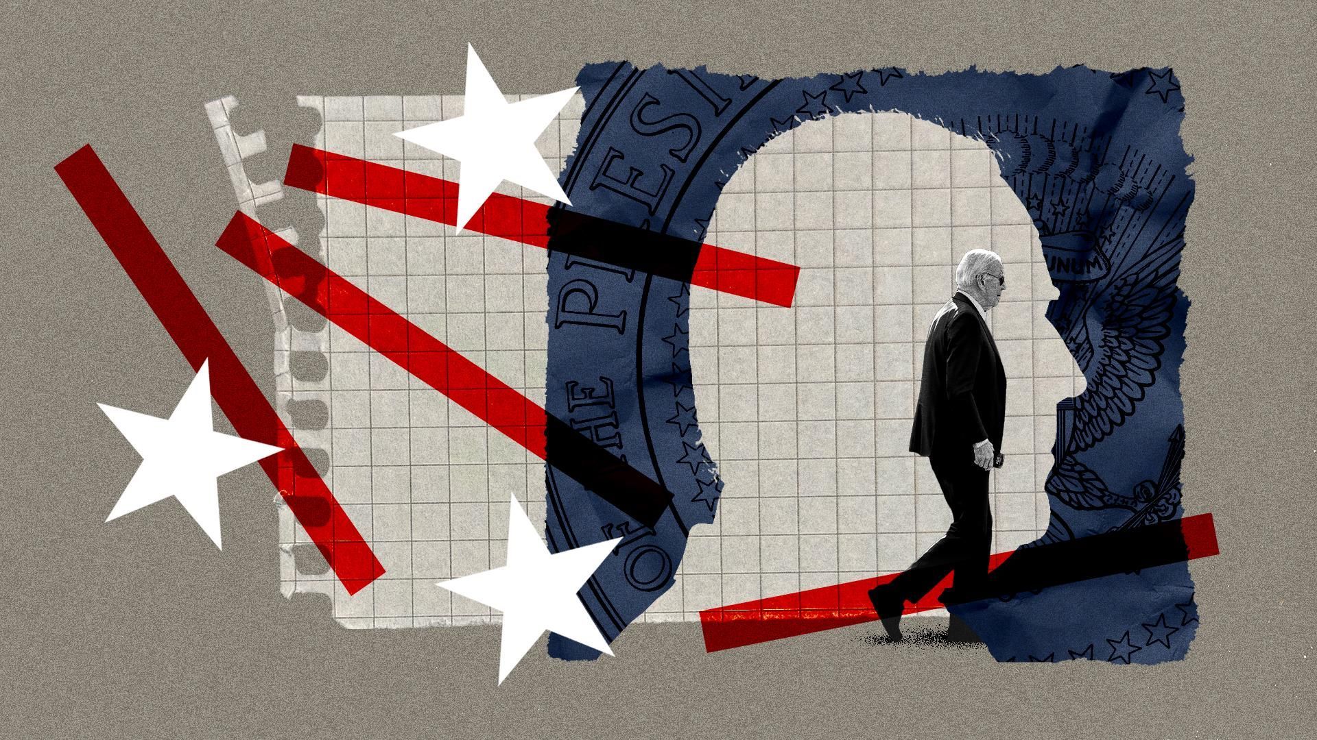 Photo illustration of Joe Biden walking away, surrounded by collapsing flag elements and the presidential seal. 