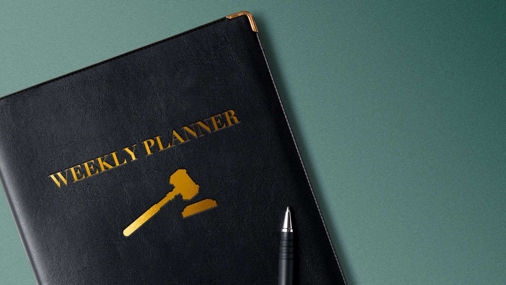 Illustration of the cover of a weekly planner notebook embossed with a gavel and block.