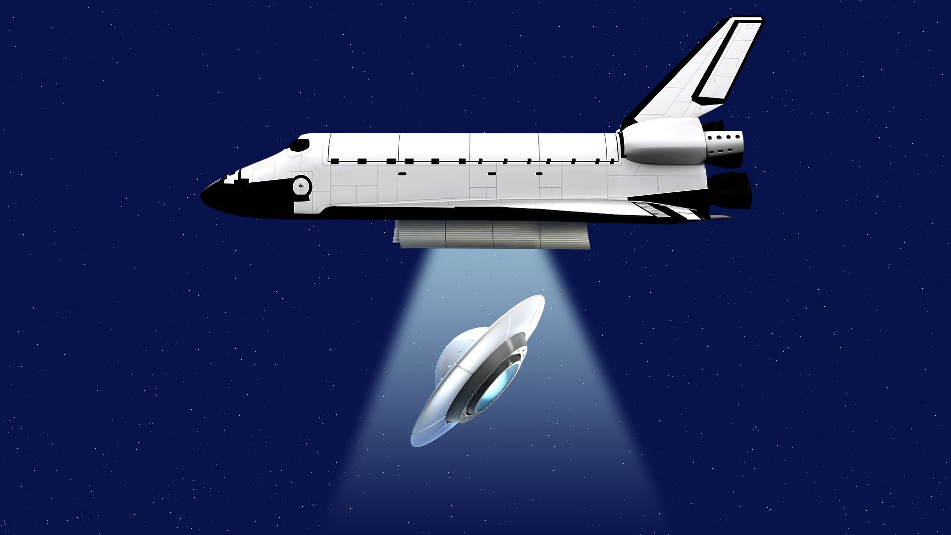 Illustration of a space shuttle beaming up a UFO.  