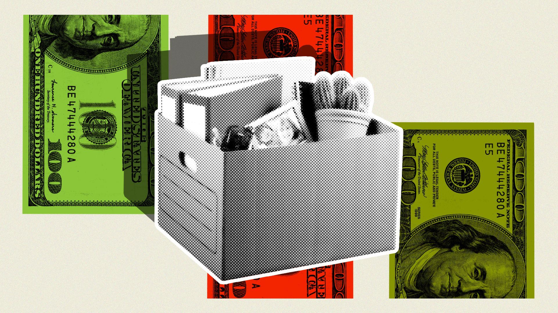 Illustration collage of a box packed with office desk items in front of one hundred dollar bills 