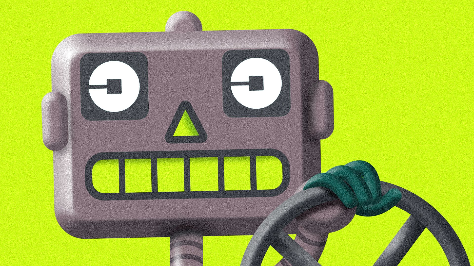 Illustration of a robot with his hand on a steering wheel and Uber logo eyes