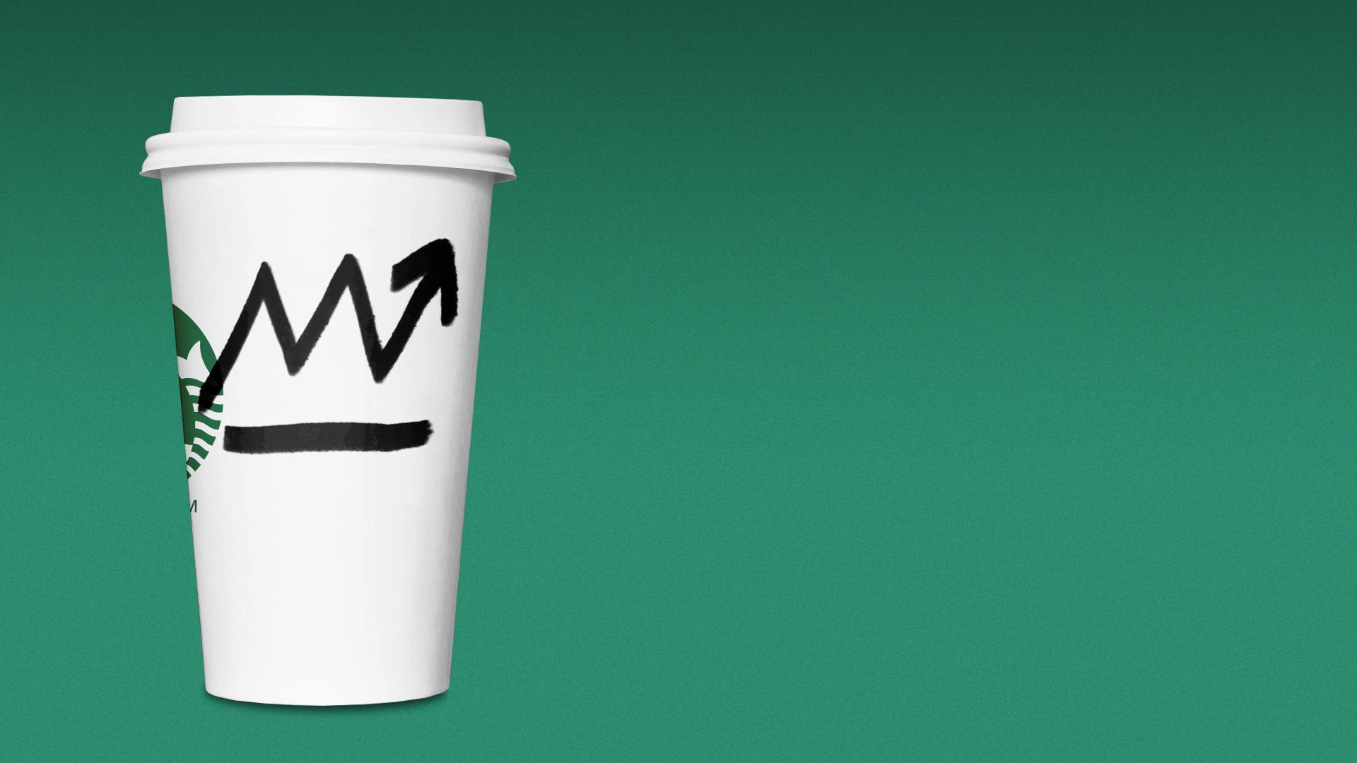 Illustration of a Starbucks coffee cup with a stock trend line drawn on the side with marker