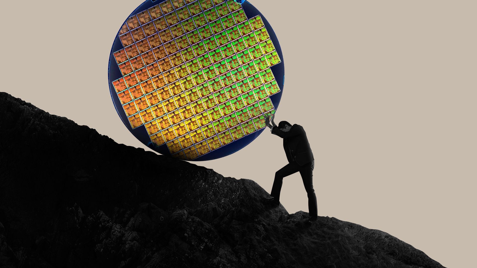 Illustration of a man struggling to push a giant semiconductor up a rocky mountain.   