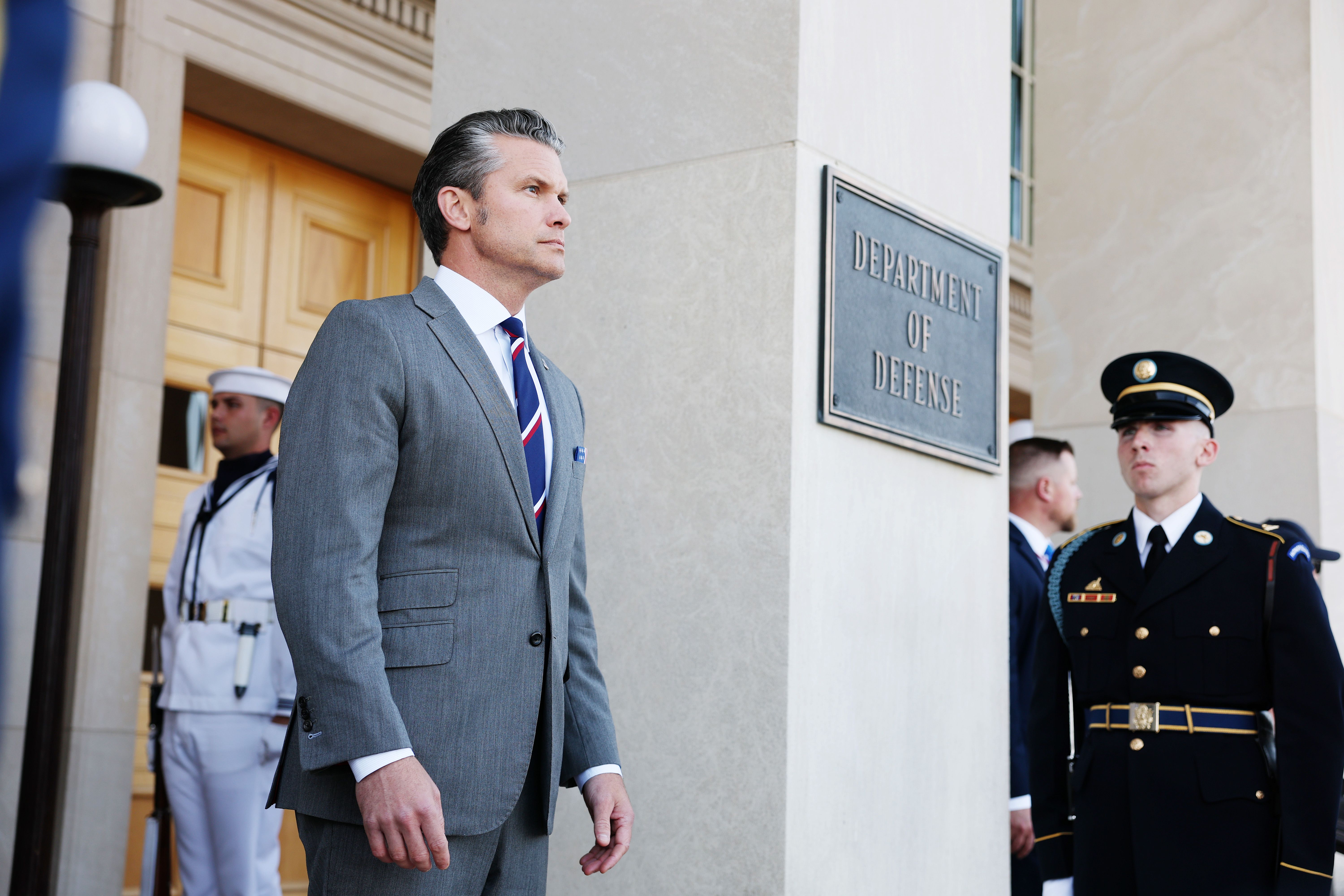  Secretary of War Pete Hegseth waits to greet Canadian National Defense Minister David McGuinty during an advanced honor cordon at the Pentagon on September 22, 2025 in Arlington, Virginia. McGuinty is visiting the Pentagon for the first time since being appointed Defense Minister of Canada. (Photo 