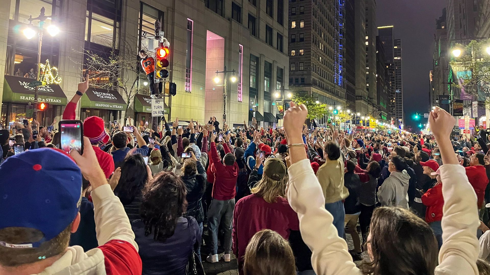 Phillies fans gather outside Philadelphia City Hall after the team clinched in the playoffs. 
