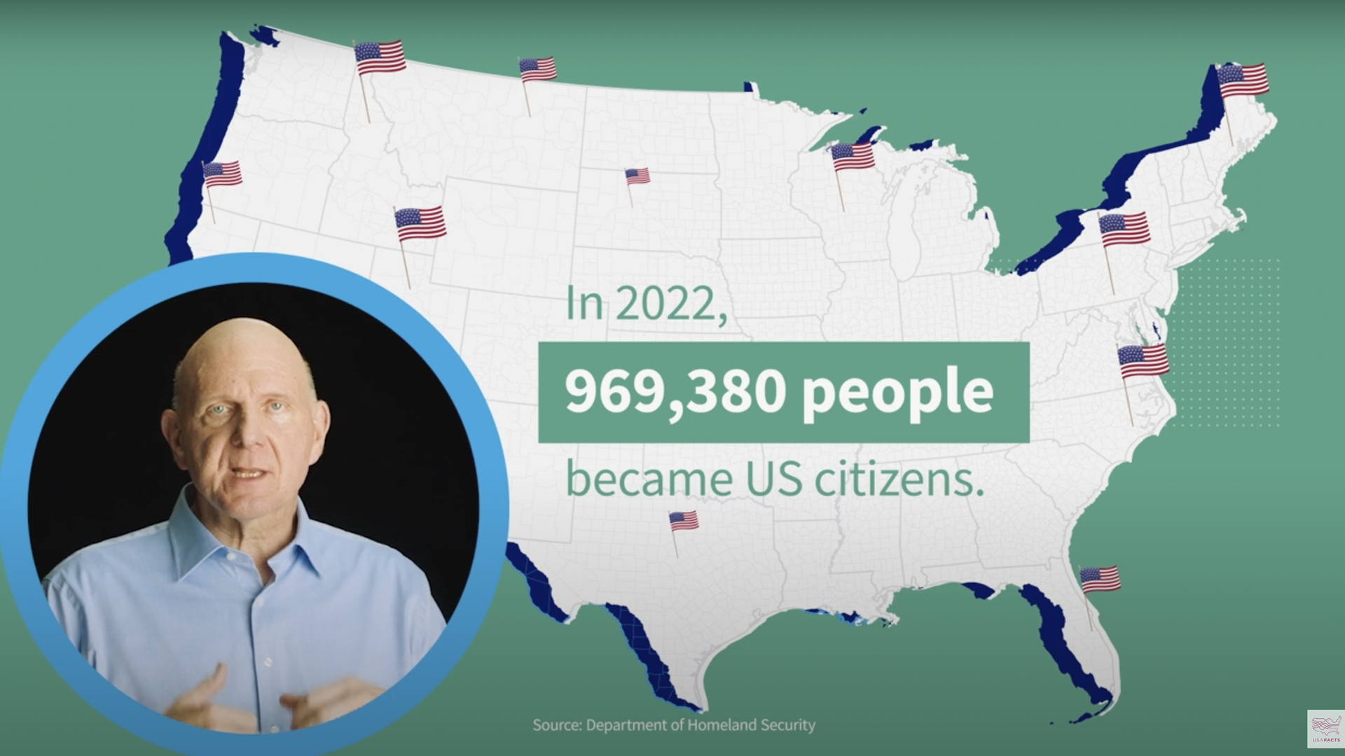 A screenshot of a YouTube video showing Steve Ballmer and a map of the U.S.