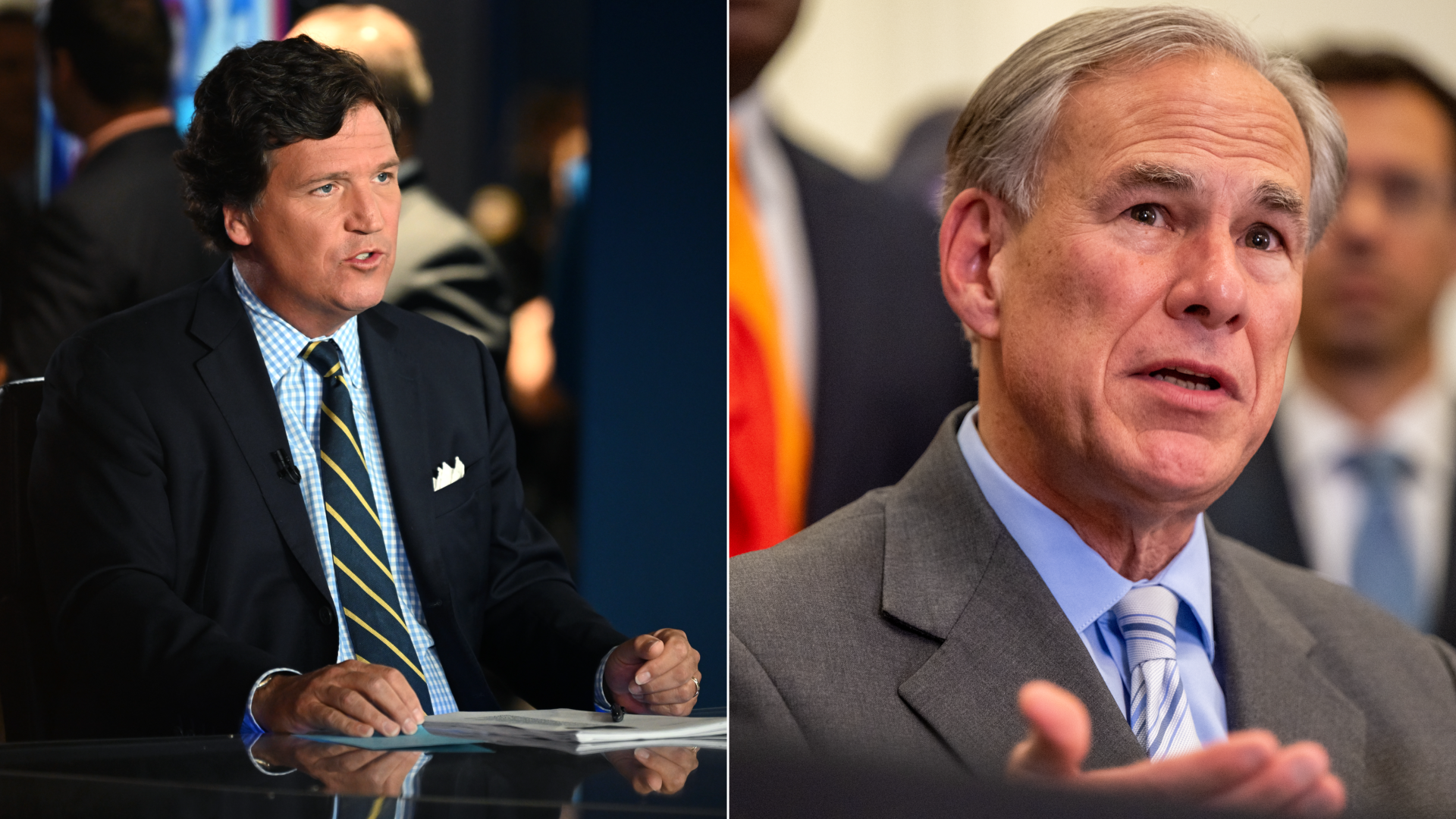Side-by-side of two photos showing former Fox News personality Tucker Carlson and Texas Gov. Greg Abbott