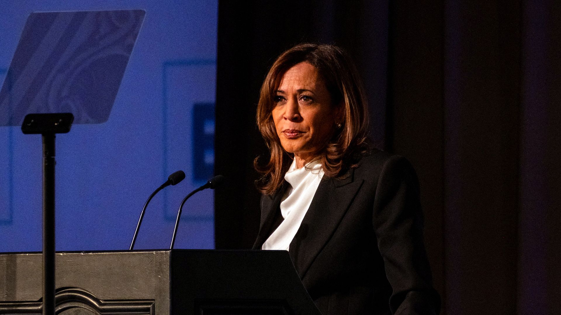 Former Vice President Kamala Harris, wearing shoulder-length dyed brown hair, a black jacket and white top, speaks at a podium.