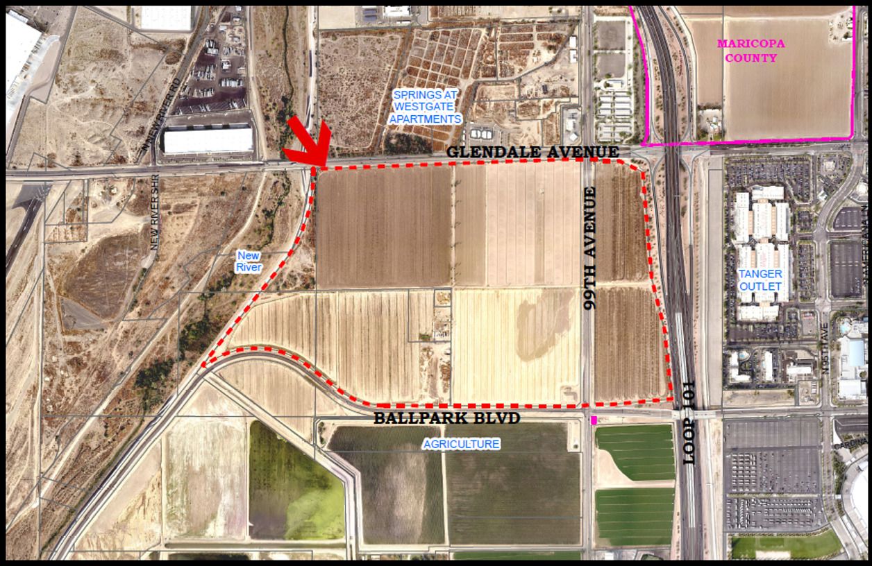 A map with 188 acres designated for a mixed-use development in Glendale Arizona outlined in red