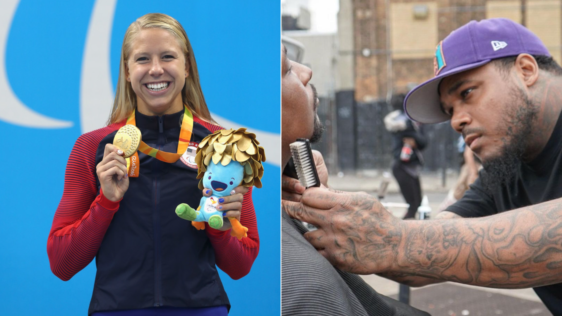 Paralympic gold medalist Michelle Konkoly, left, and Philly barber Joshua Santiago.