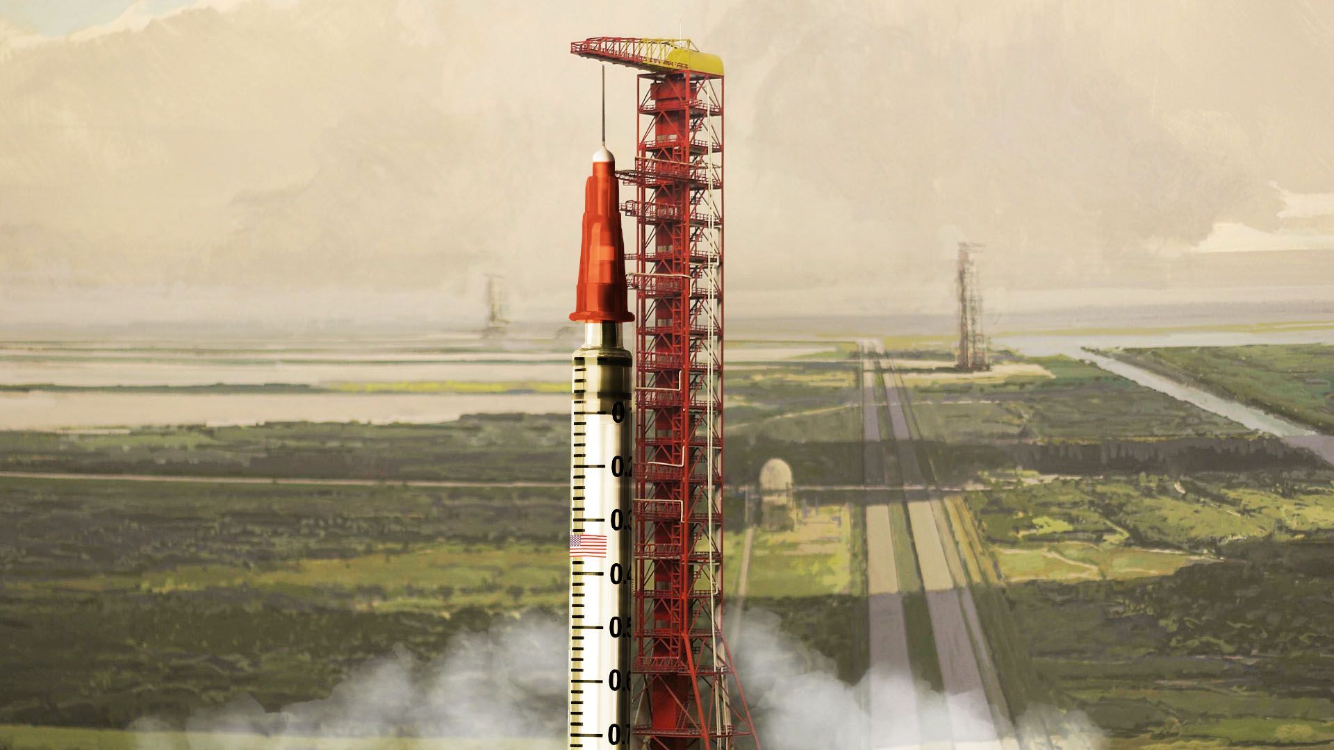 Illustration of a launchpad at Cape Canaveral with a syringe in place of a rocket