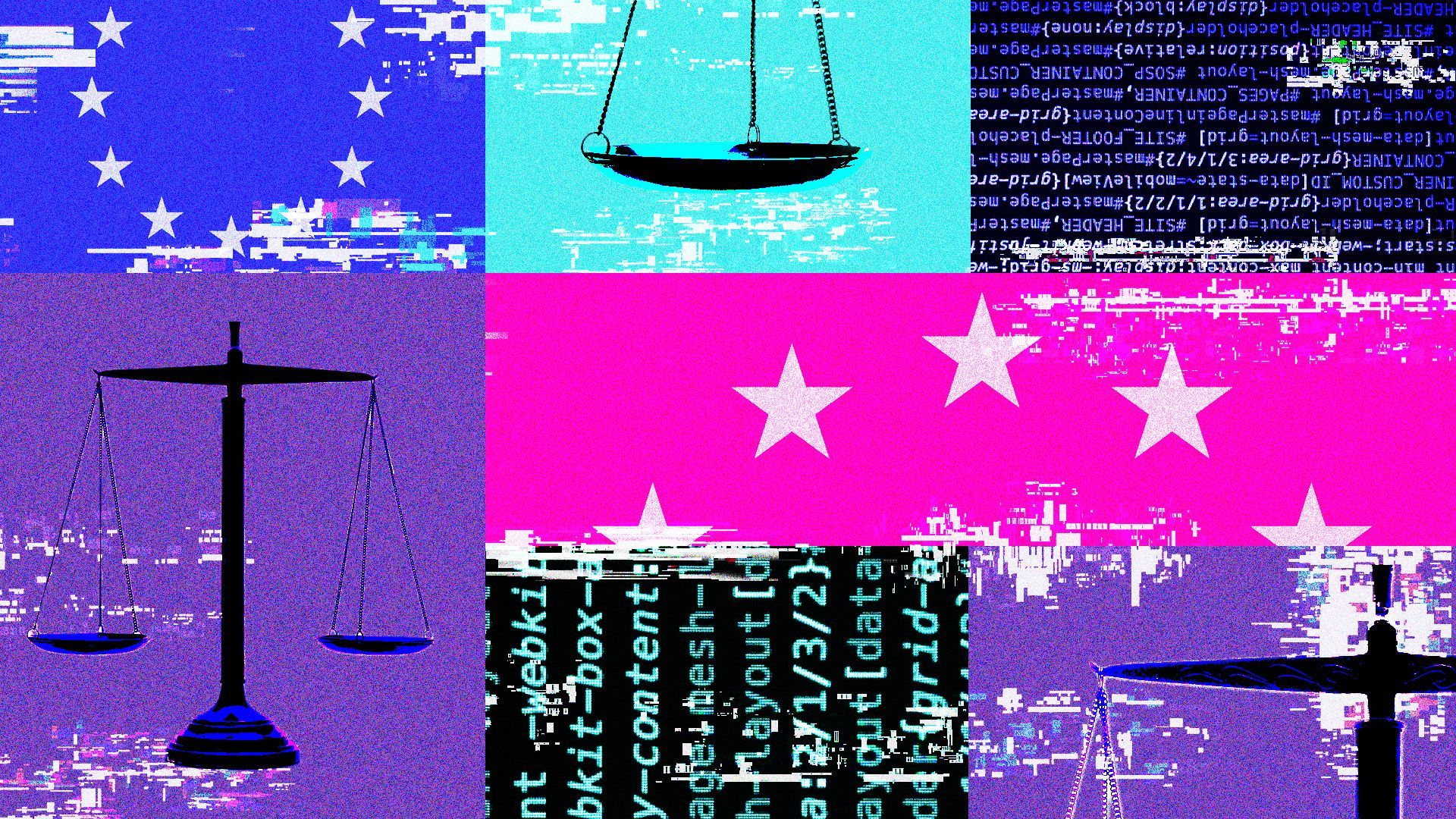 illustration of a neon colored grid with images of a gavel, the EU flag and binary code