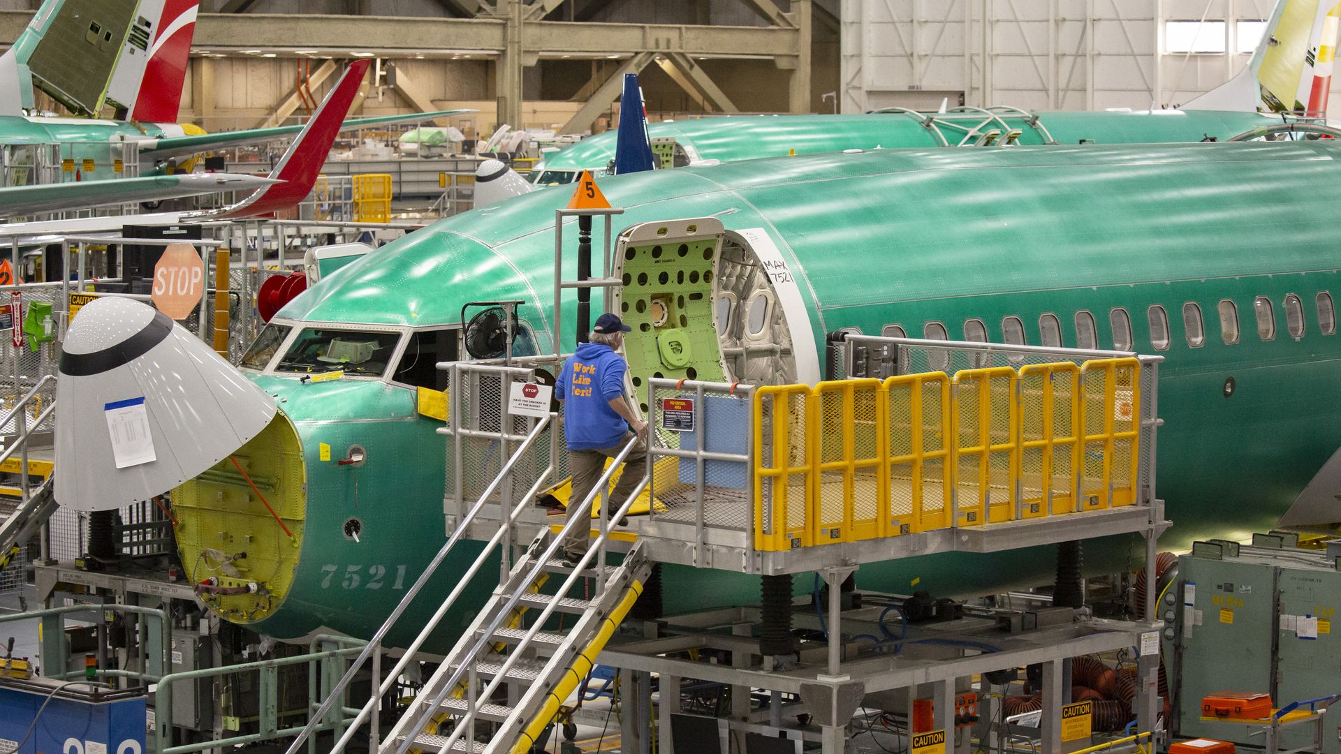 A Boeing Co. 737 Max airplane sits on the production line at the company's manufacturing facility in Renton, Washington, U.S., on Wednesday, March 27, 2019. 