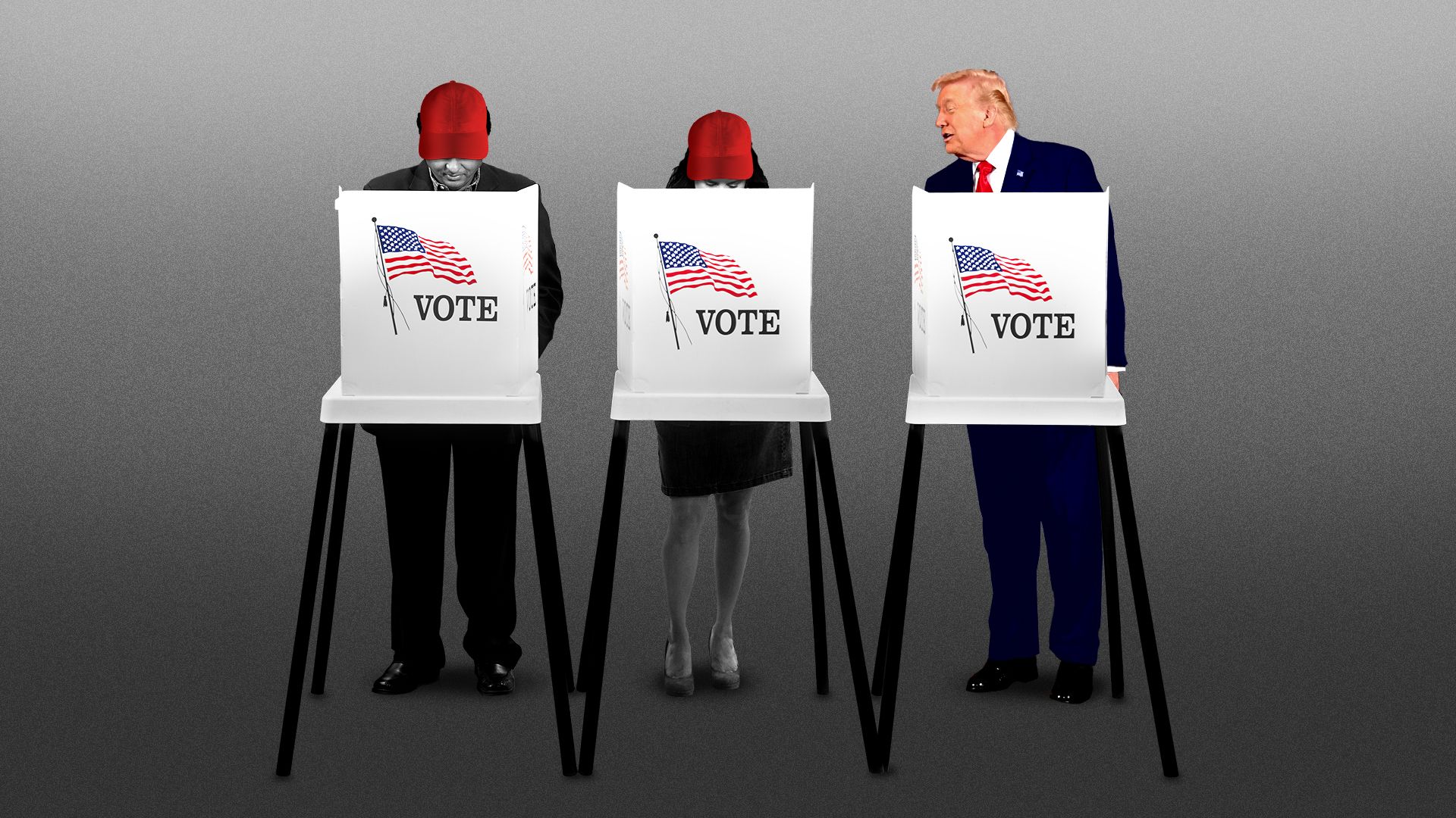 Photo illustration of three people in red hats casting votes at voting booths while President Trump looks over from a third booth