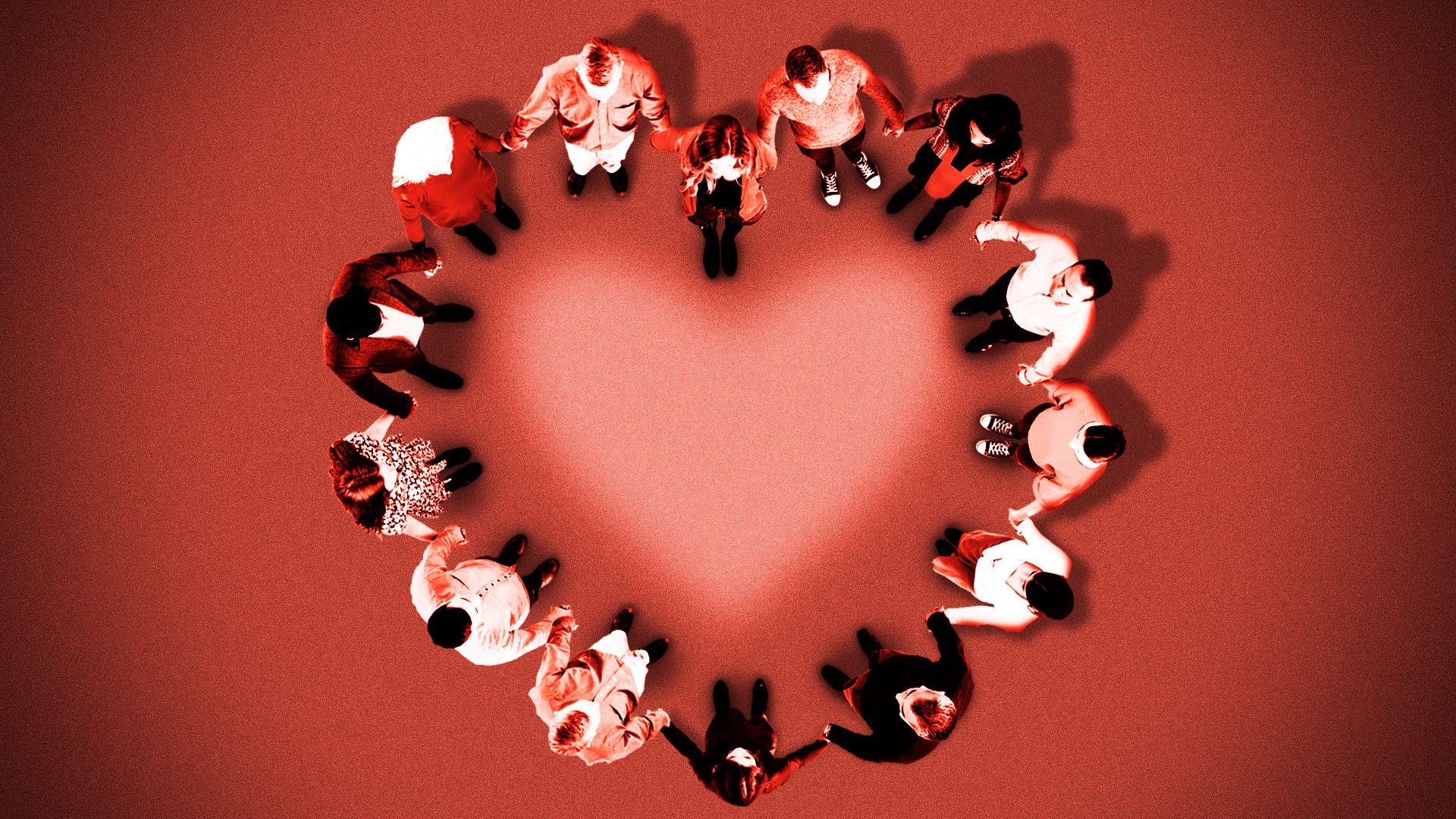 Illustration of people holding hands in a heart-shaped circle