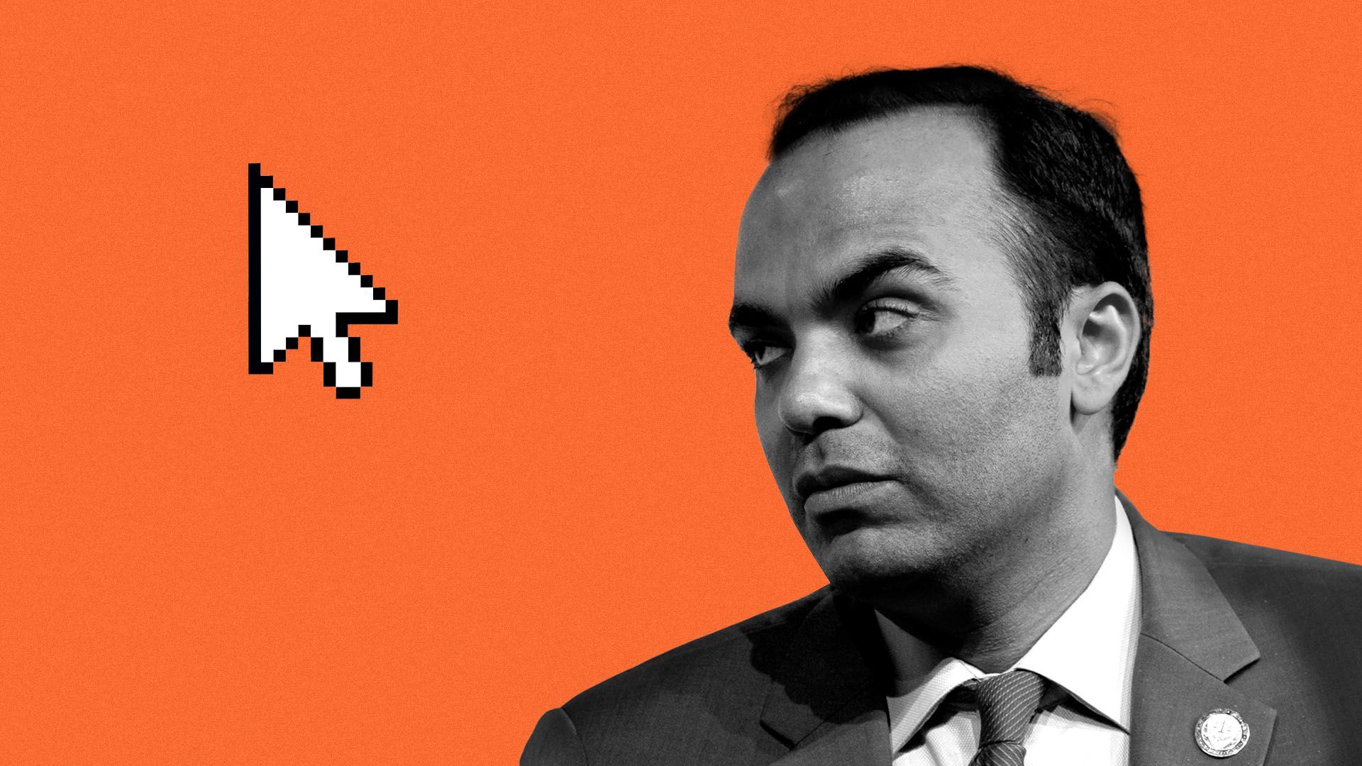 Photo illustration of FTC commissioner Rohit Chopra staring at a cursor 