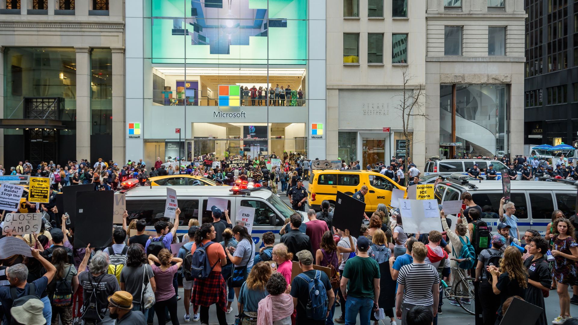 A total of 76 protesters were arrested after shutting down the Microsoft retail store in Manhattan and blocking traffic on Fifth Avenue on September 14