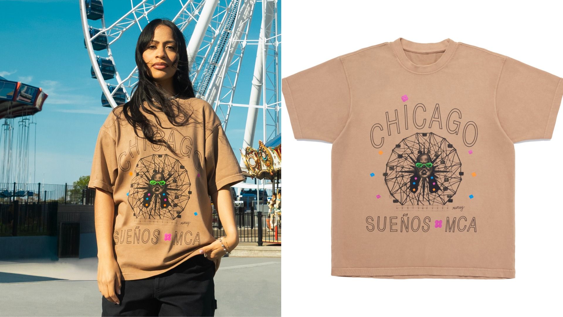 Esperanza Rosas in brown t-shirt in front of a ferris wheel. A brown t-shirt with a design of a ferris wheel that reads Chicago Suenos MCA