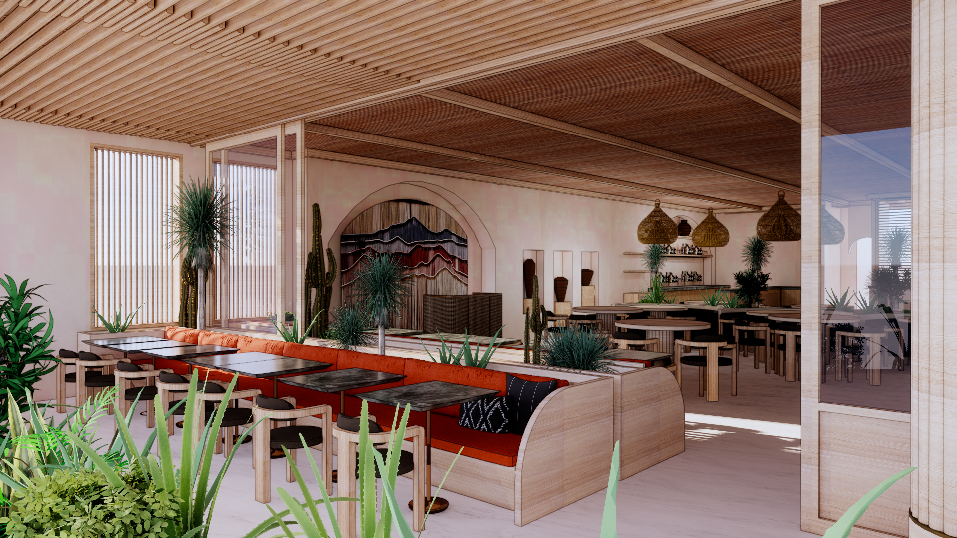 A Mediterranean looking restaurant rendering.