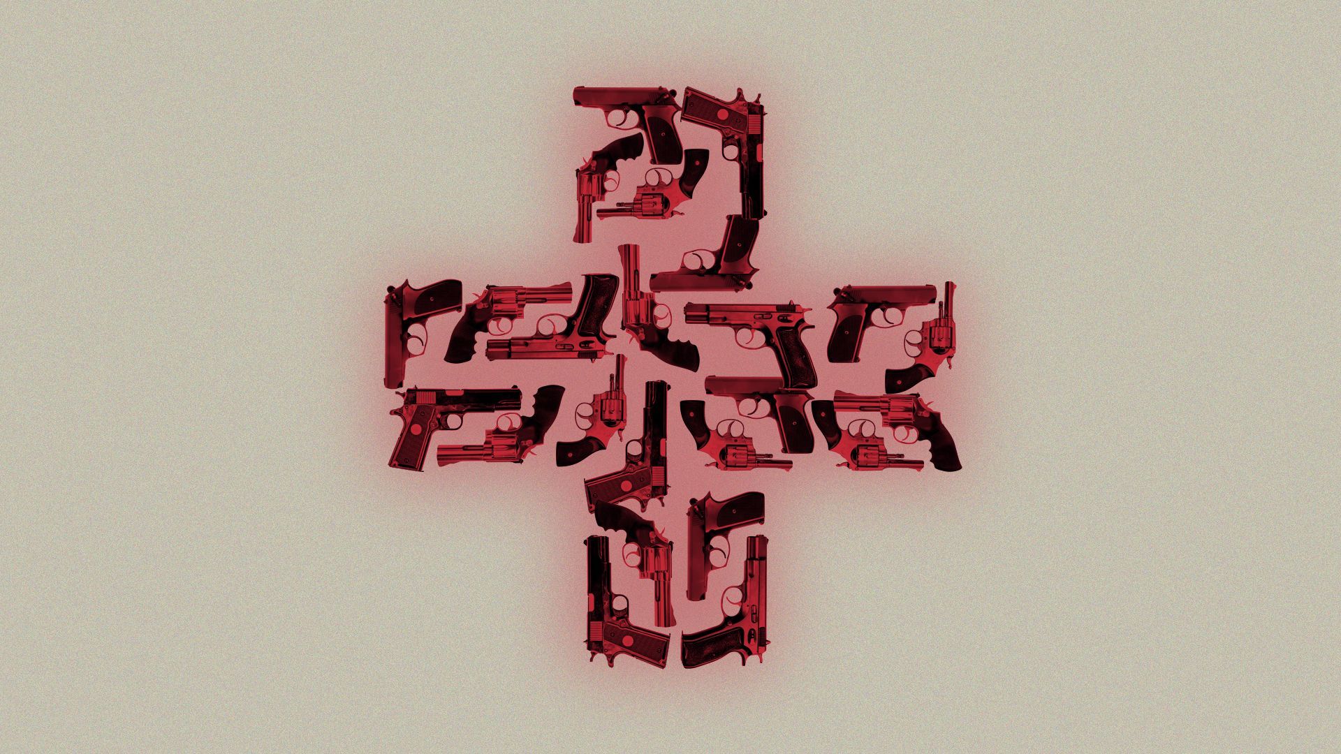Illustration of a red cross composed of handguns.