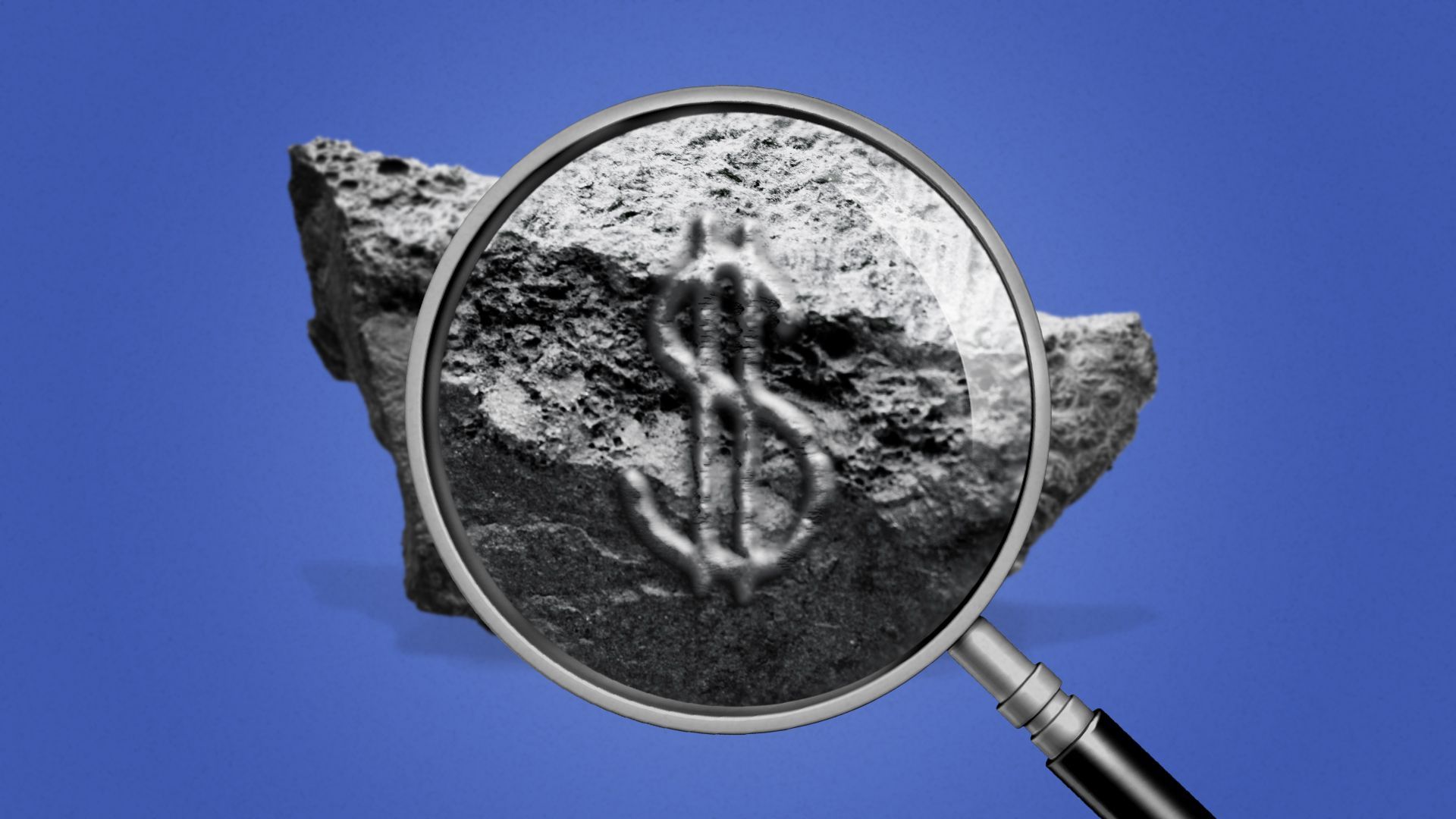 Illustration of a magnifying glass finding a dollar sign on a piece of nickel ore.